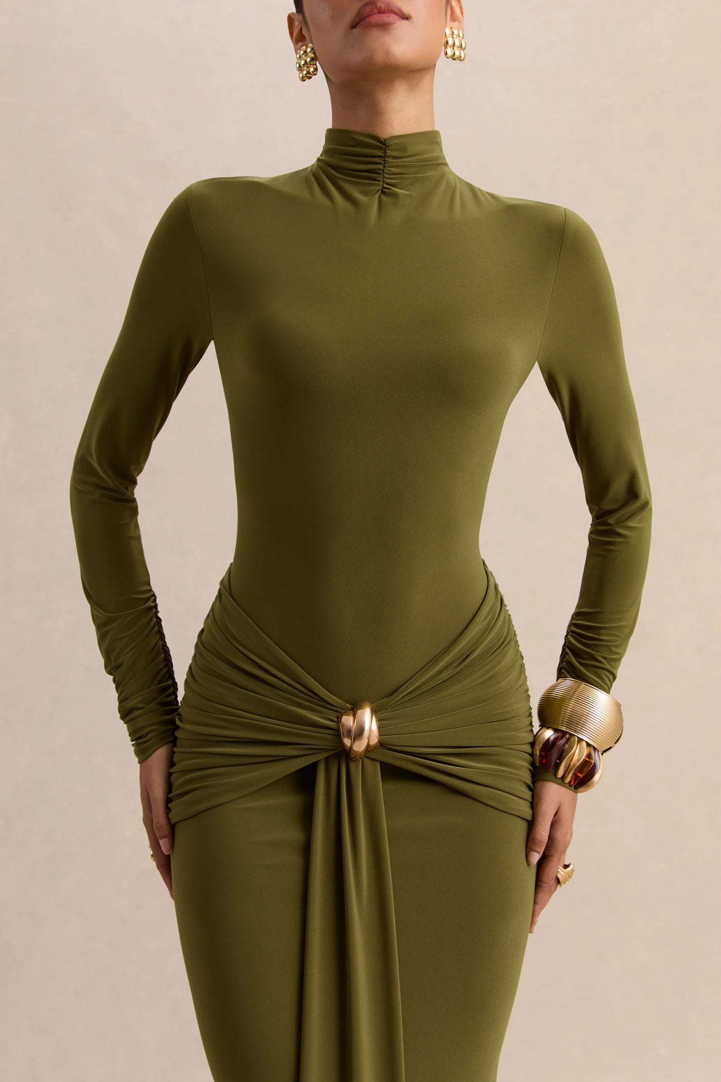 Ambrette Olive High-Neck Maxi Dress With Gathered-Detailing