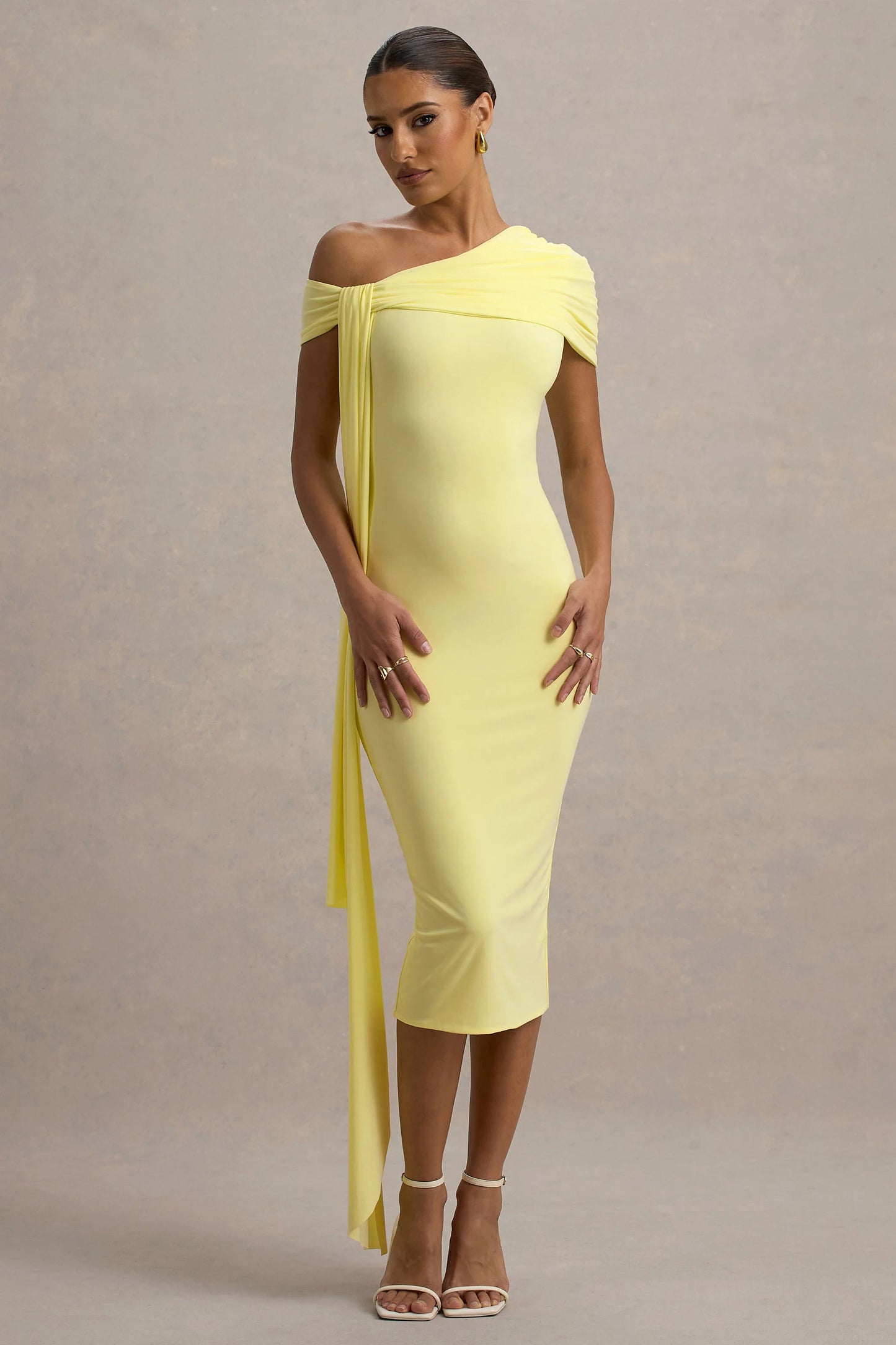 Vallea Lemon One-Shoulder Draped Midi Dress