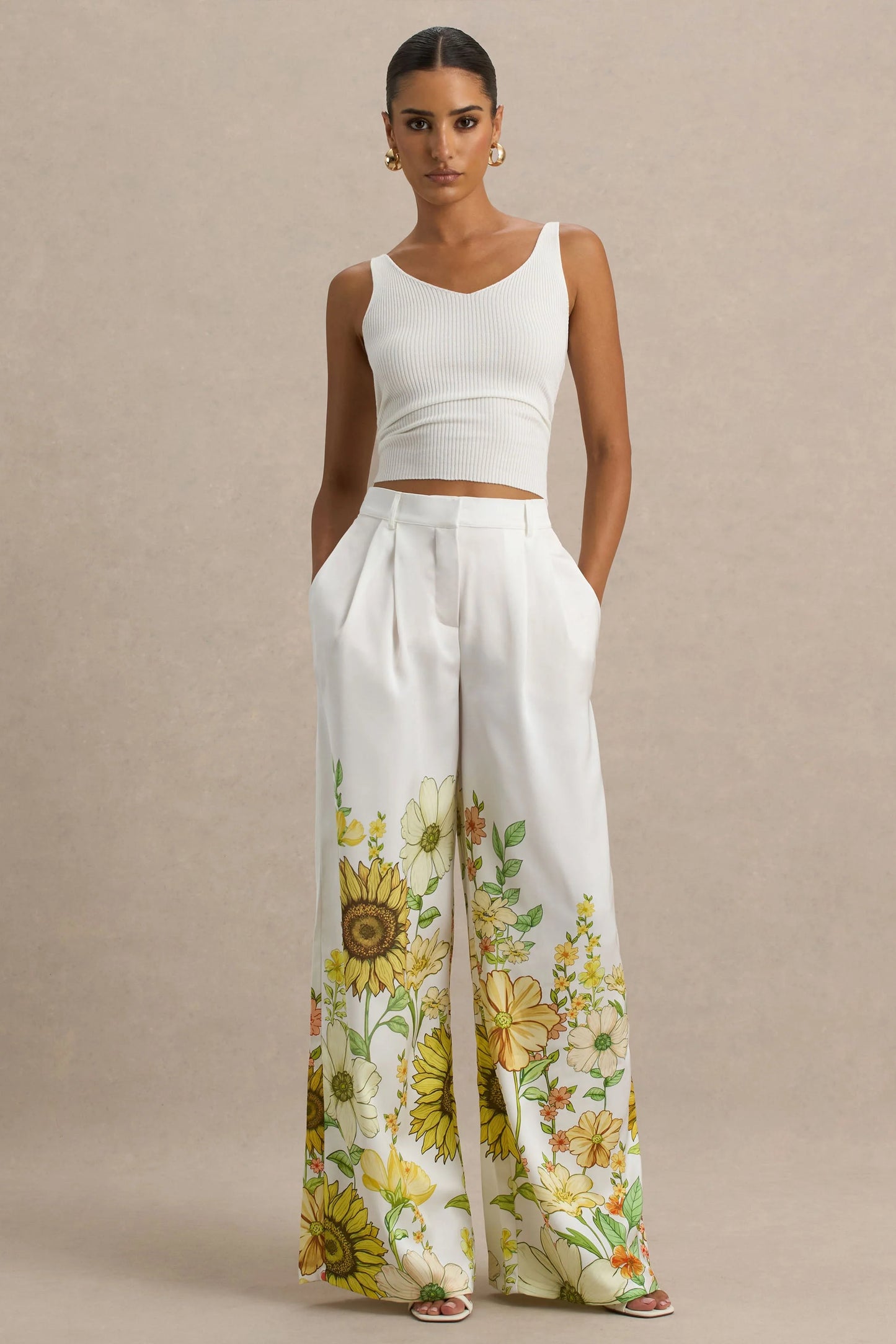 Louise Sunflower Print Wide-Leg Trousers