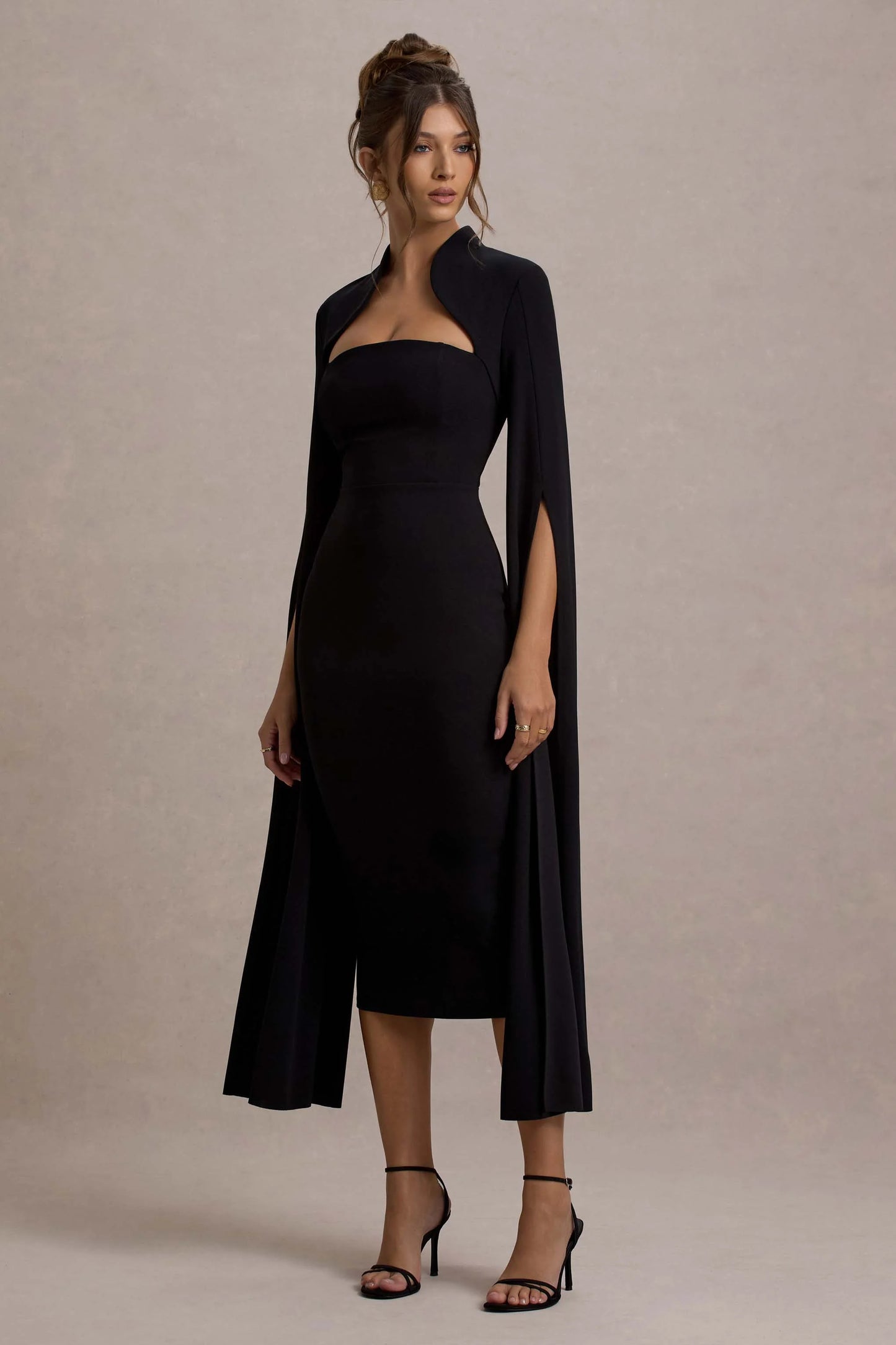 Linden Black Bodycon Cape-Sleeve Midi Dress