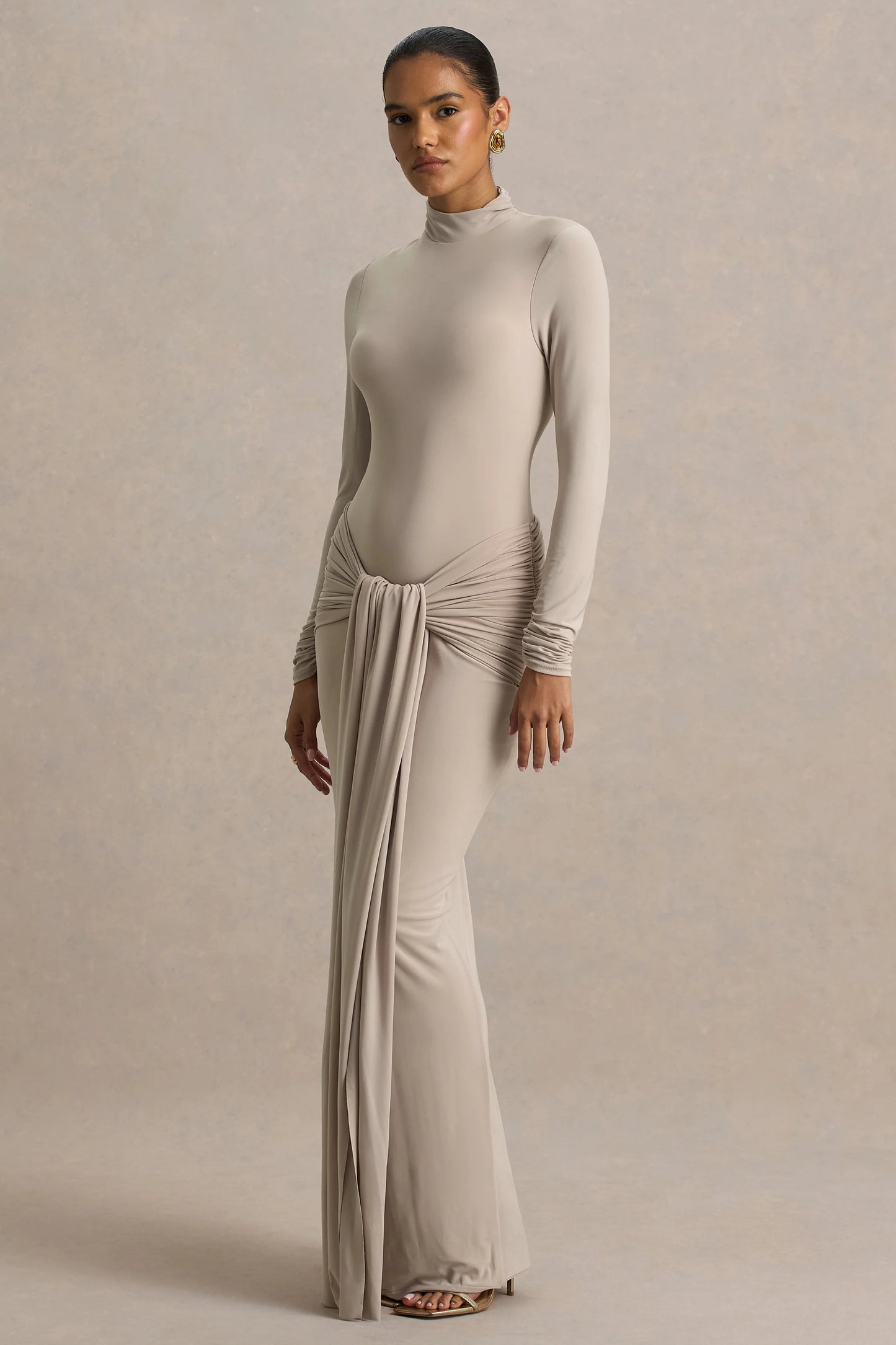 Myra Champagne High-Neck Maxi Dress With Sash and Ruched Detailing