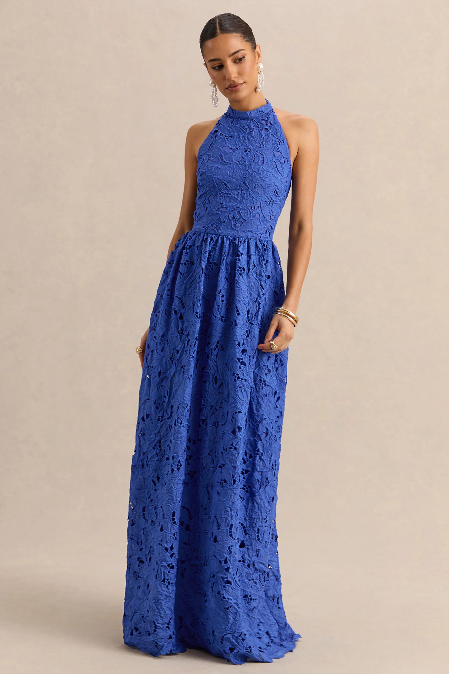Indiana Dark Blue Broderie Halter-Neck Maxi Dress