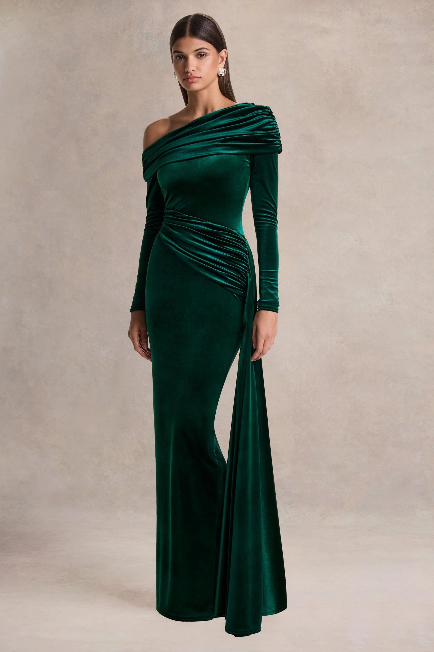 Hadria Bottle Green Velvet Asymmetric-Neck Maxi Dress With Sash-Detail