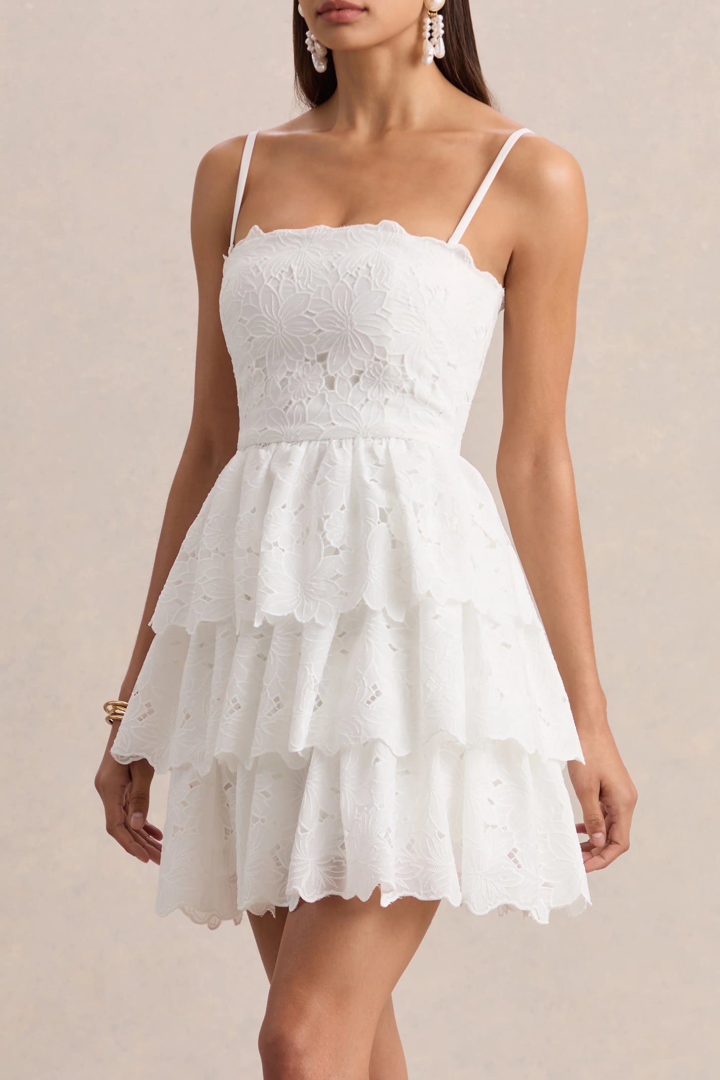 Winona White Lace Square-Neck Mini Dress With Ruffled Detailing