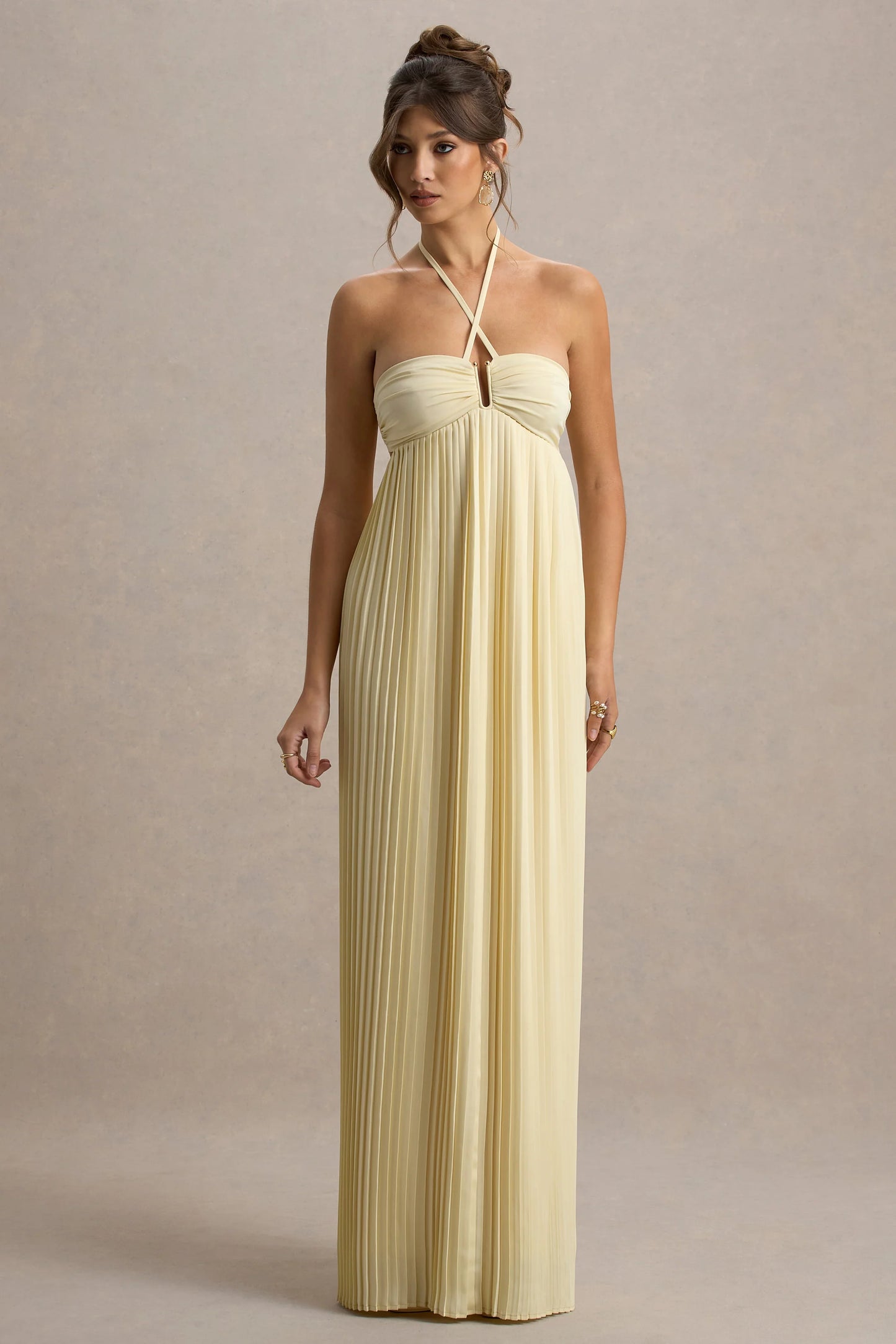Elayne Pale Lemon Halter-Neck Maxi Dress With Cut-Out Detail