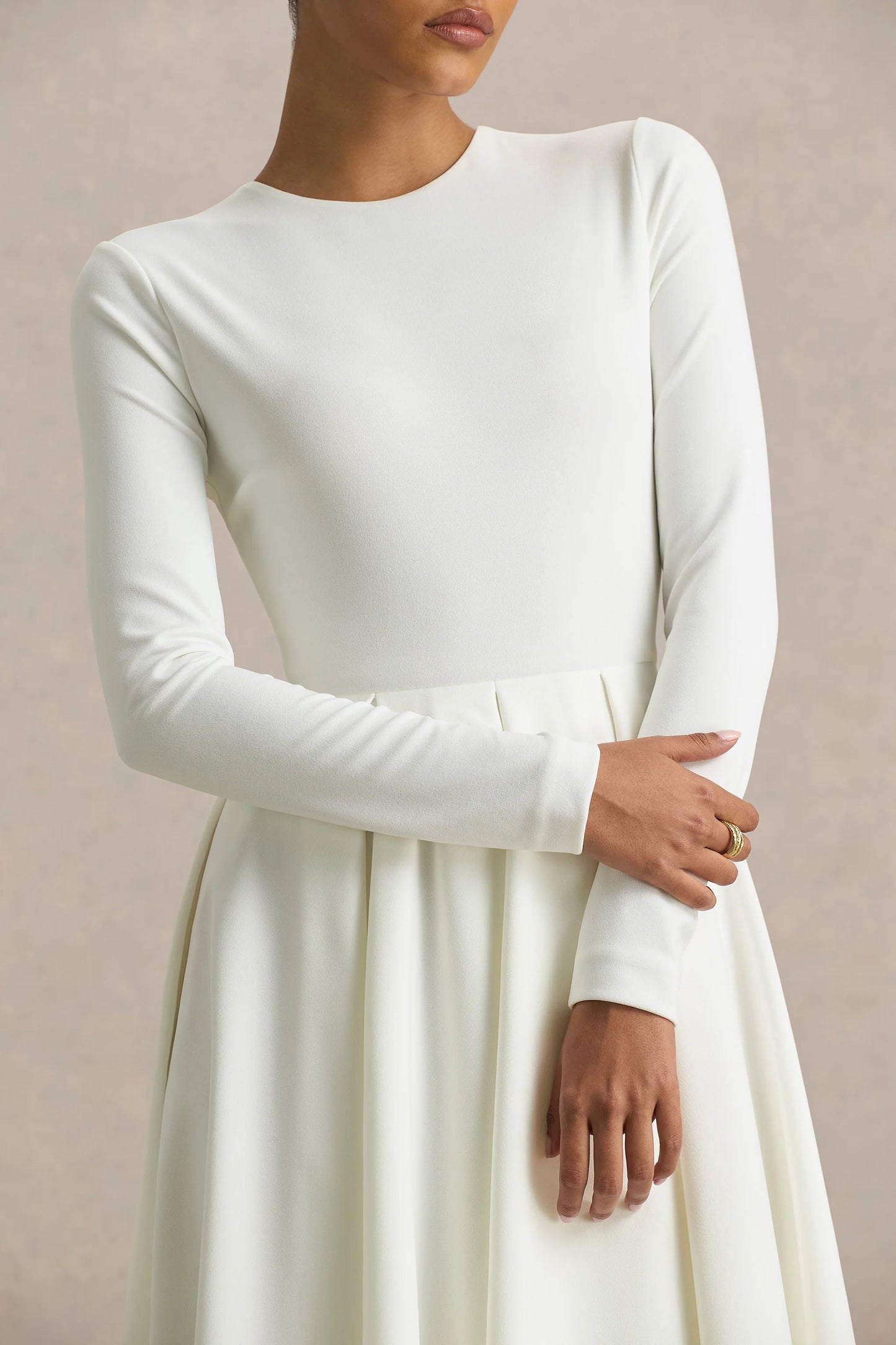 Bellamy Cream Crew-Neck Long Sleeve Midi Dress