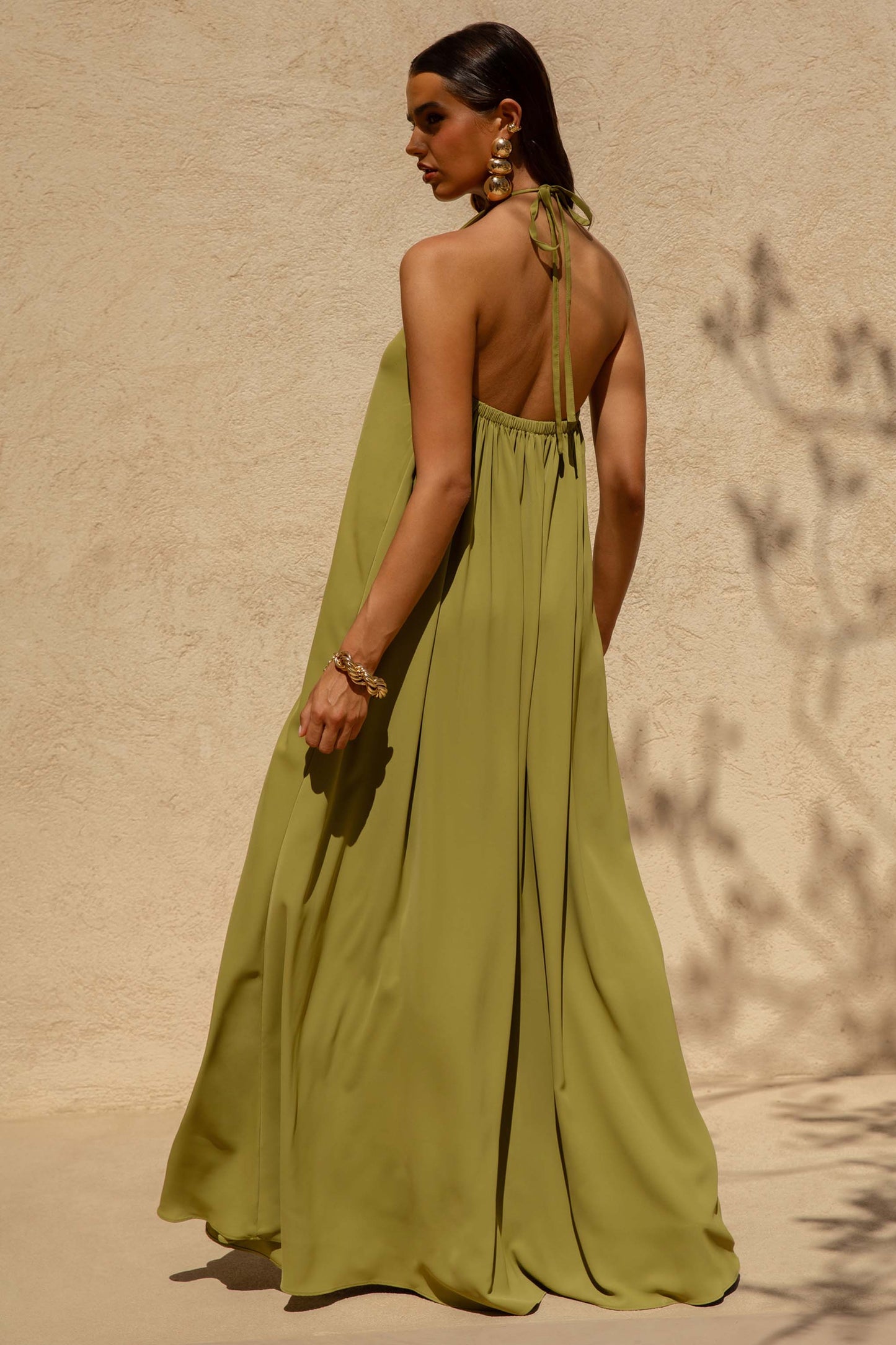 Zyon Green High-Neck Maxi Dress with Cut-Out Details