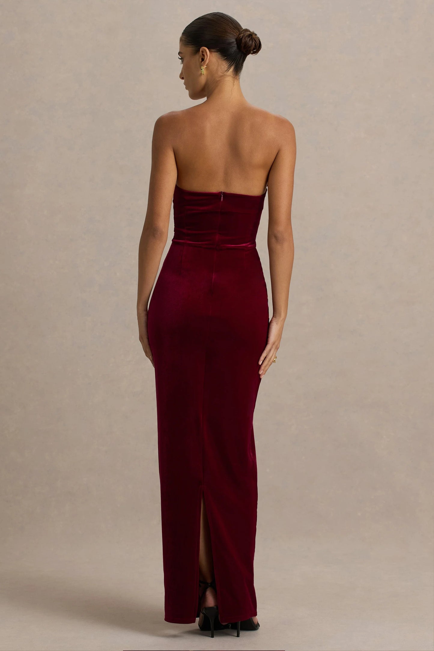 Illusion Burgundy Velvet Bandeau Maxi Dress With Bow Detail