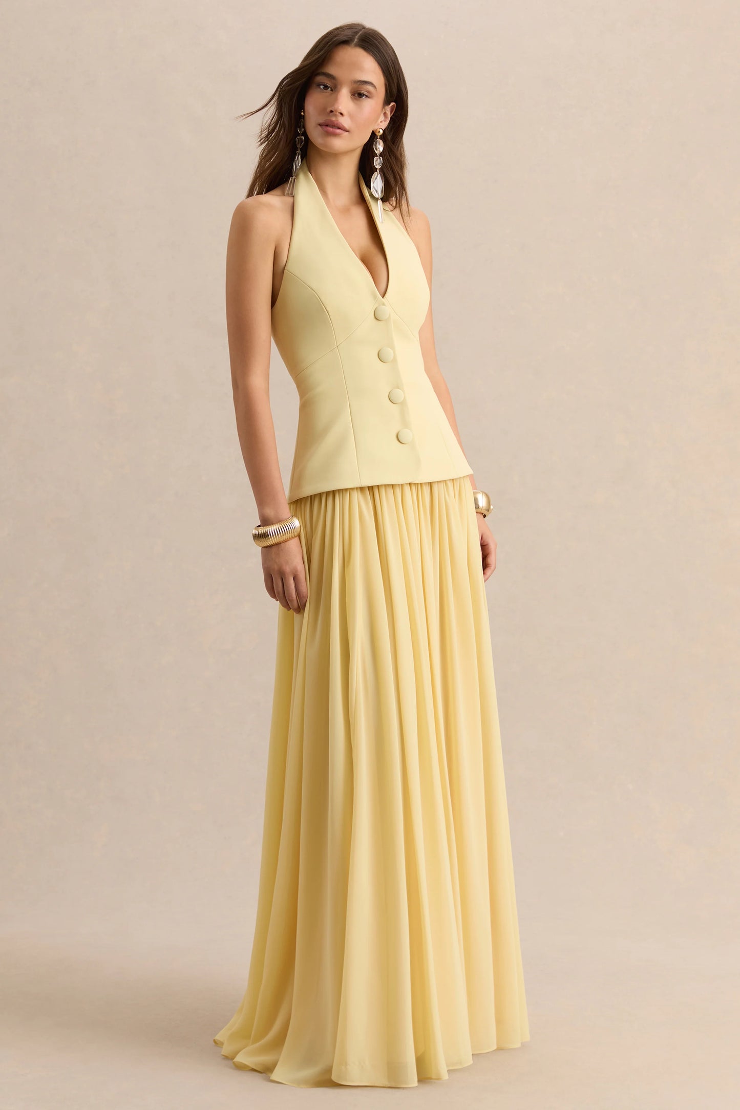 Zarina Lemon Plunge-Neck Maxi Dress