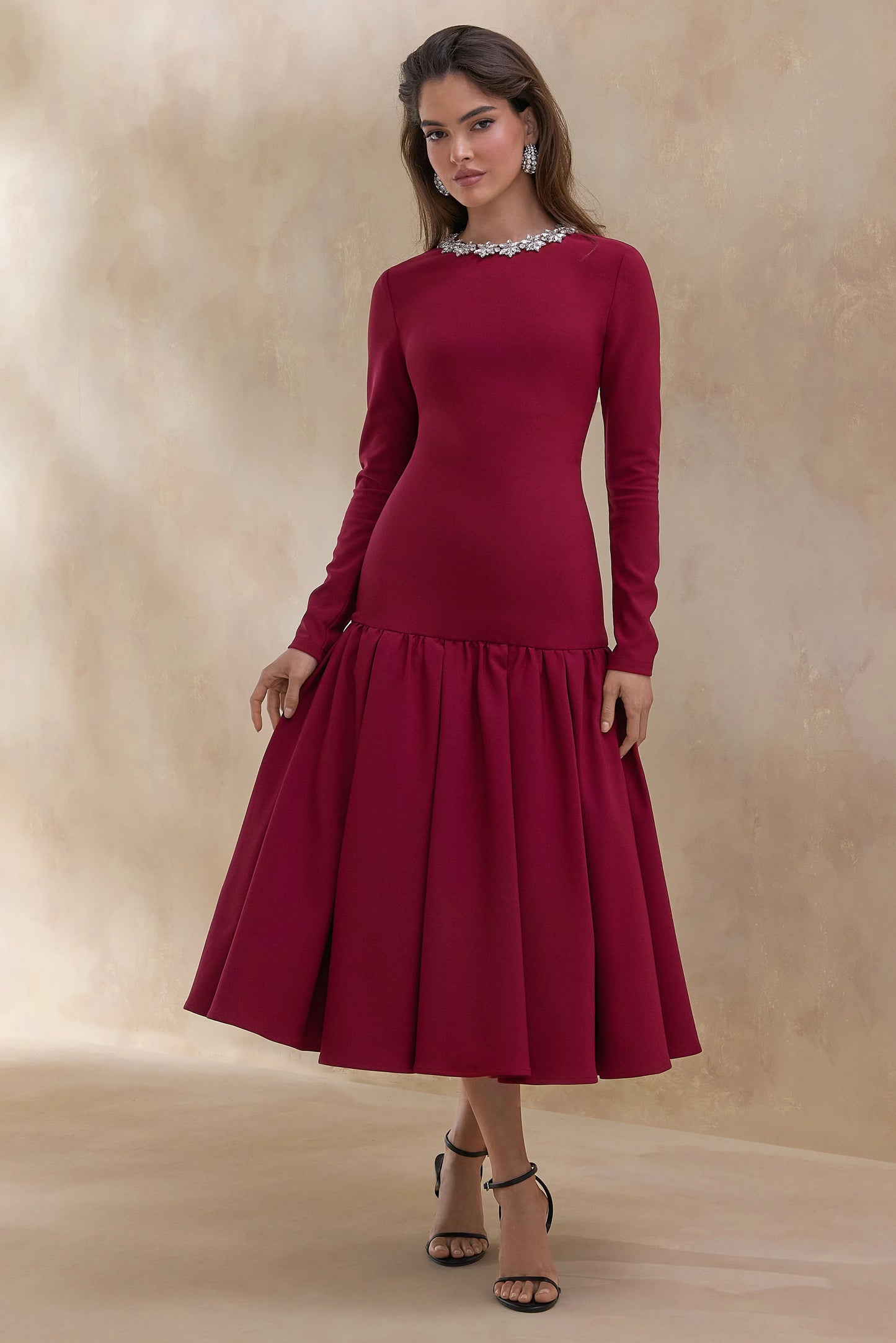 Jovana Burgundy Hand-Embellished Crew-Neck Midi Dress With Drop Waist