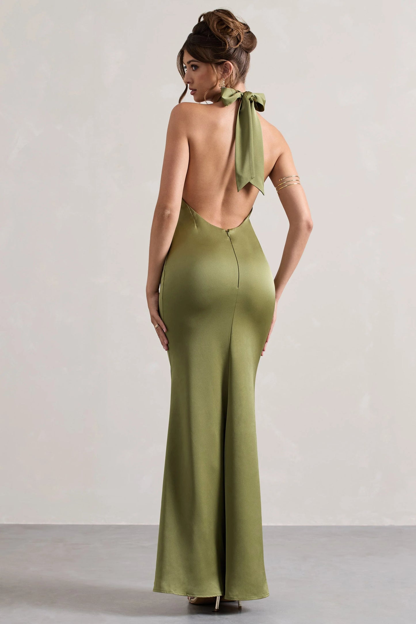 Unbeatable Olive Satin Cross Over Halter-Neck Maxi Dress