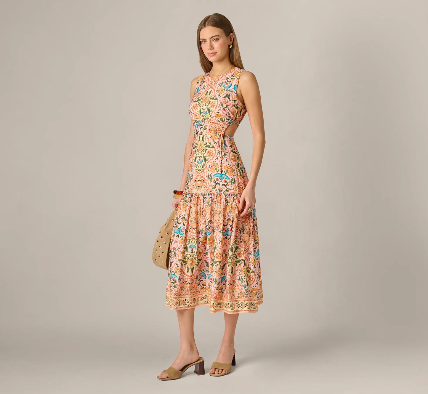 Floral Printed Cutout Drop Waist Midi Dress In Peach Multi