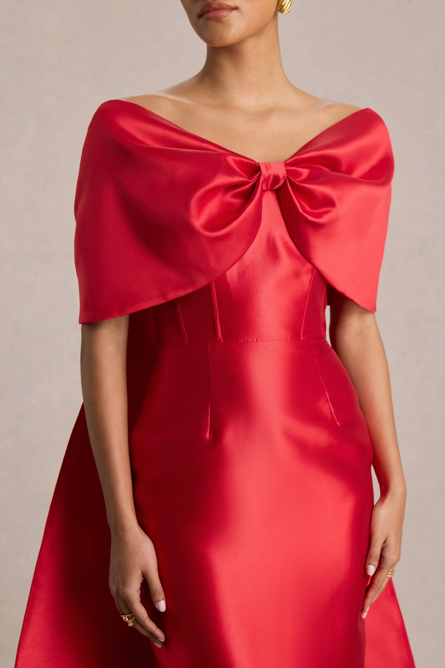 Wanting More Red Satin Cape Maxi Dress With Oversized Bow