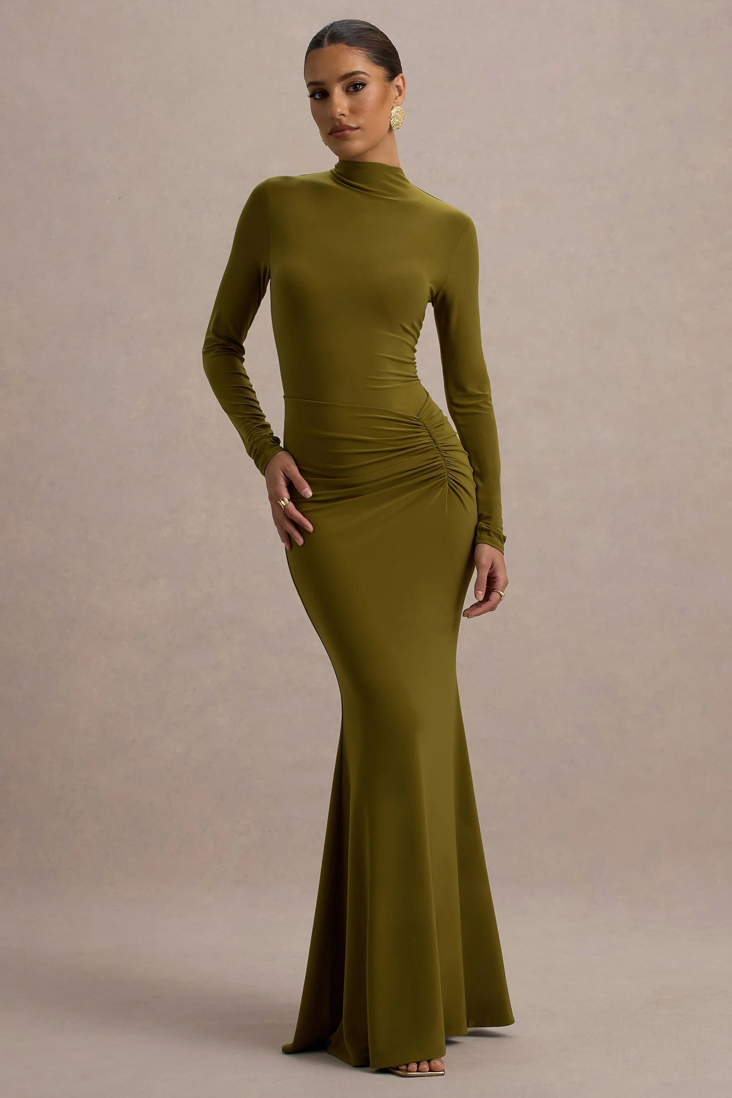 Reid Green Long-Sleeve Gathered Maxi Dress