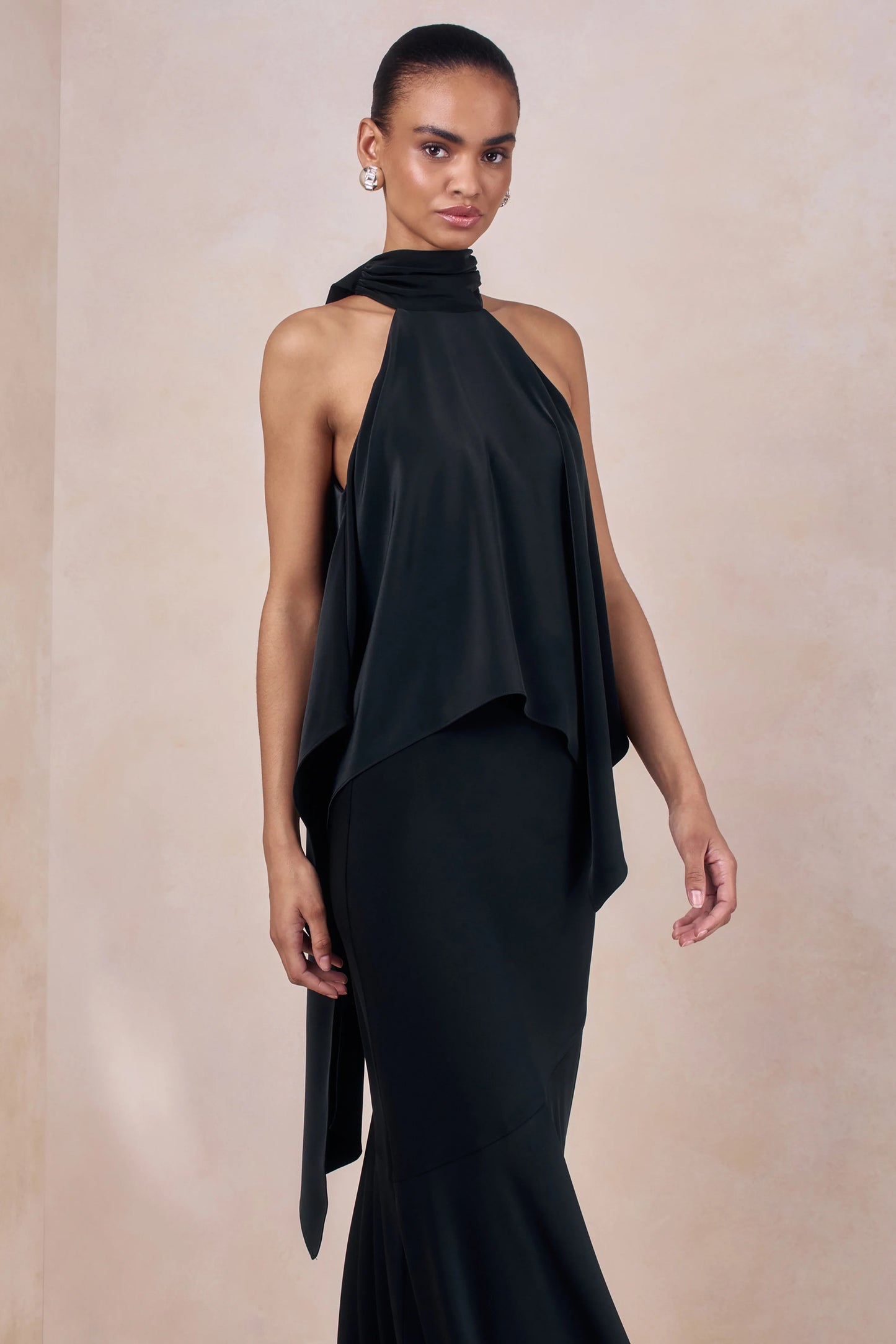Sancelle Black Matte Satin Halter-Neck Top