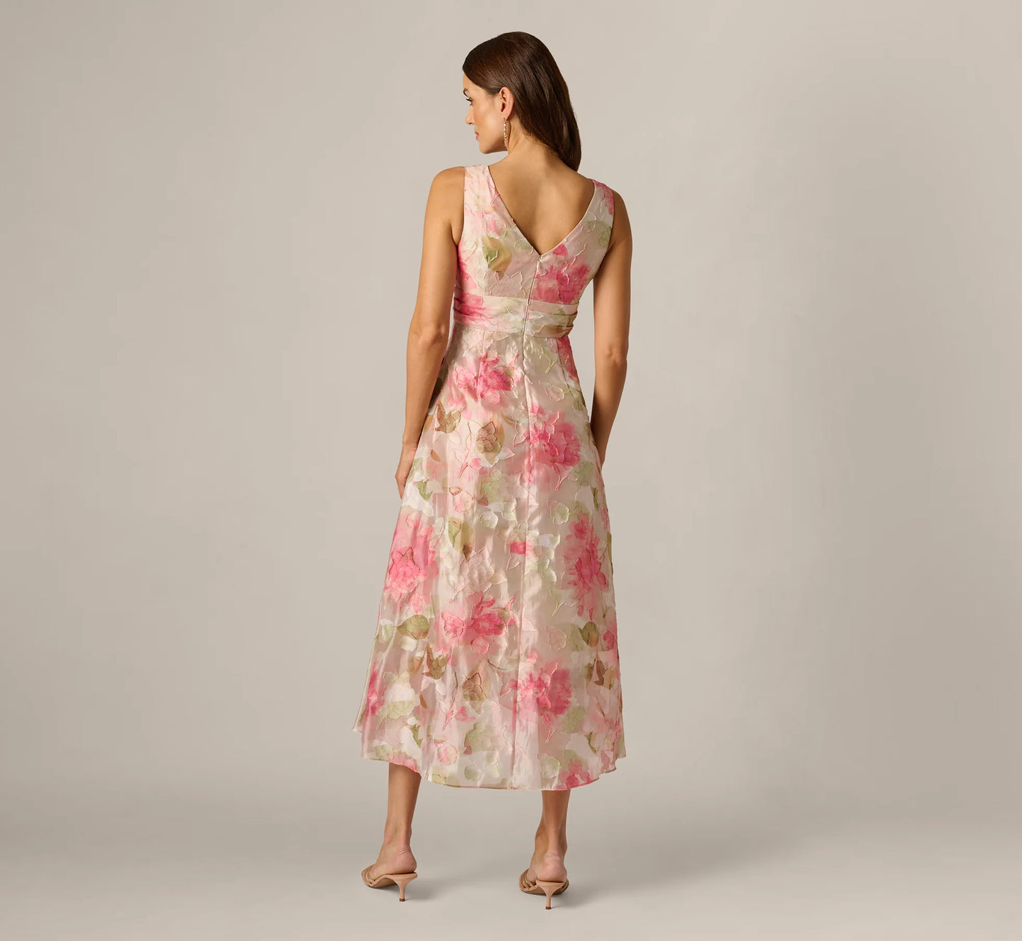Floral Organza Cascade High Low Midi Dress In Sage Multi