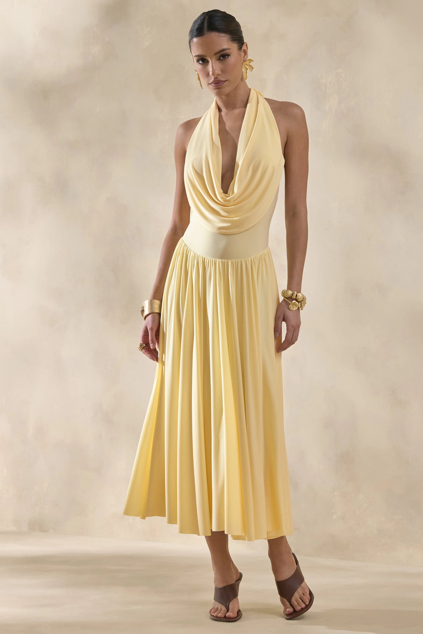 Veyra Lemon Plunge Cowl-Neck Midi Dress