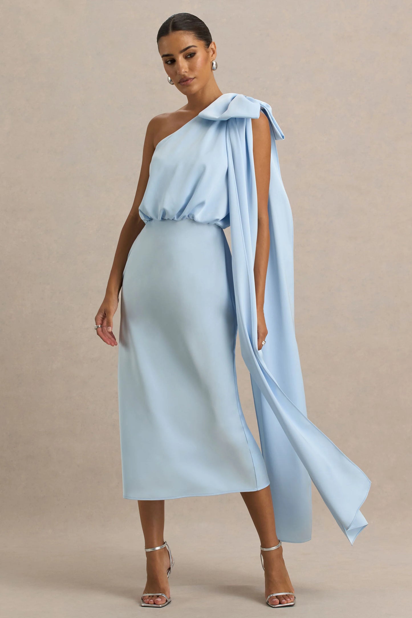 Celestia Powder Blue Satin Asymmetric-Neck Midi Dress With Cape Detail