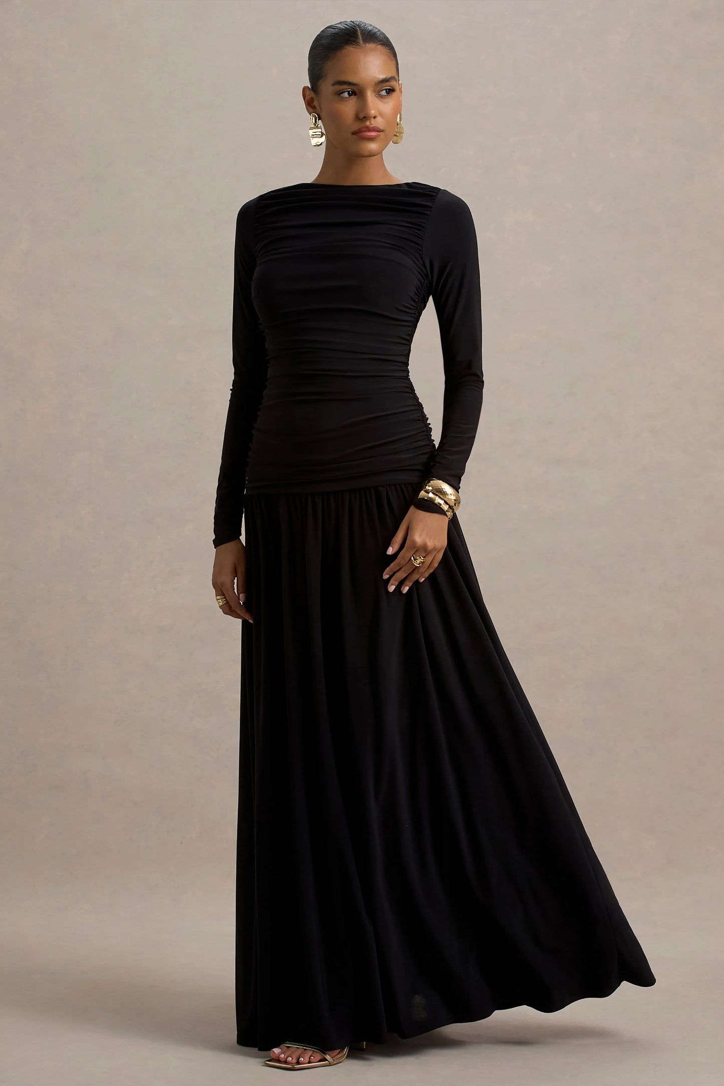 Aniyah Black High-Neck Maxi Dress With Ruched Detailing