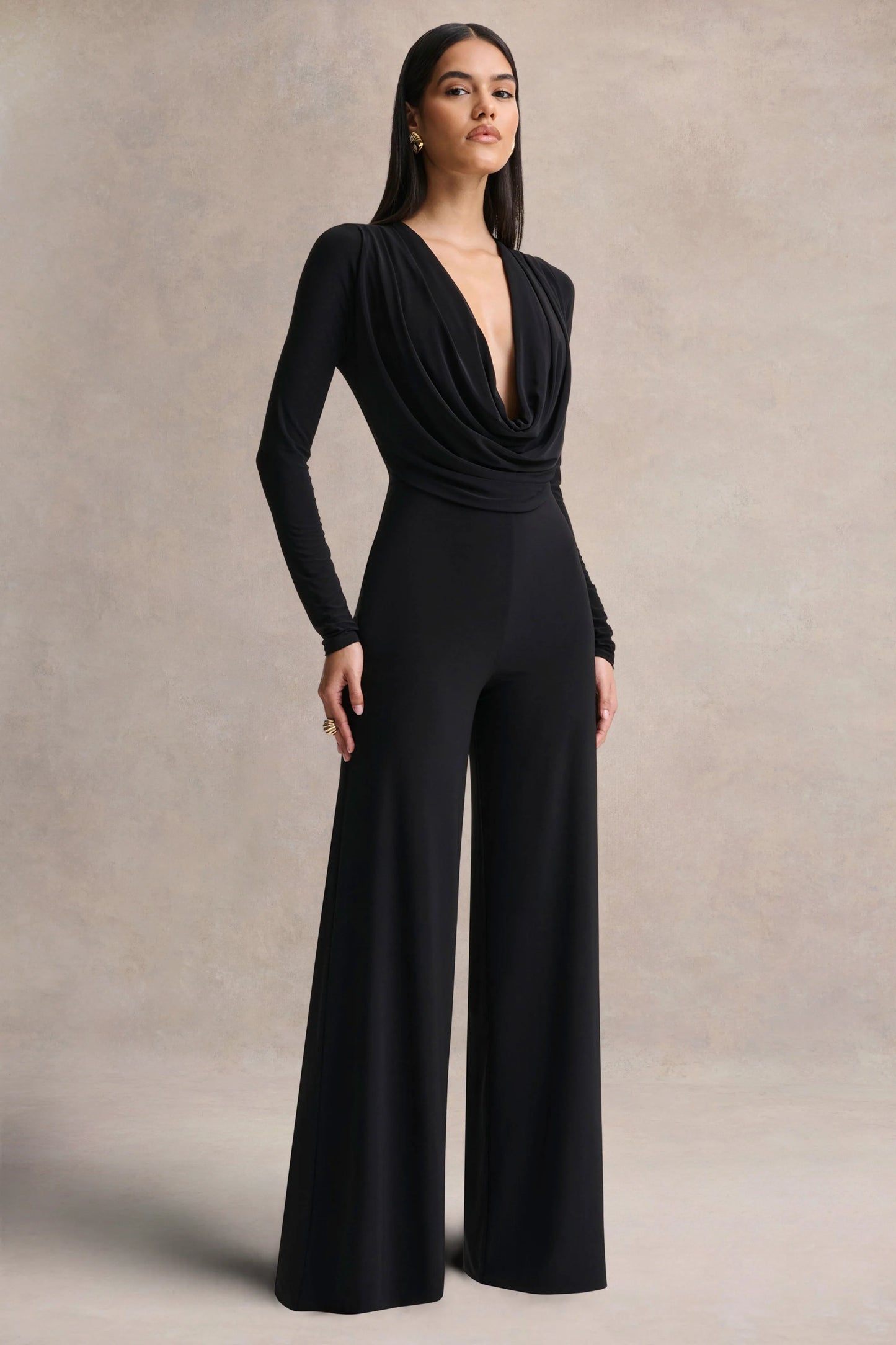 Catriona Black Plunge-Neck Jumpsuit