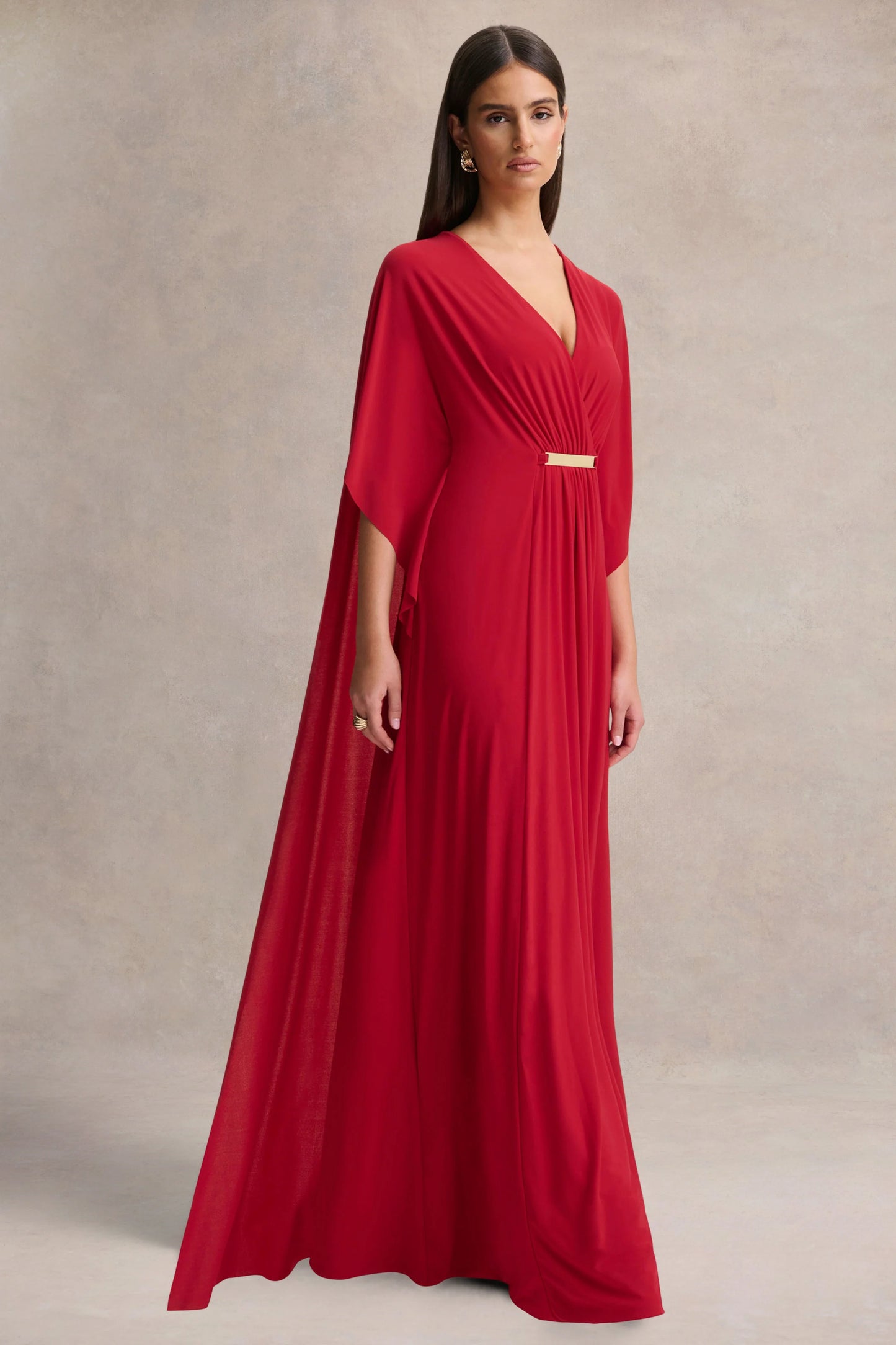 Romilly Red Plunge-Neck Maxi Dress With Gathered Detail