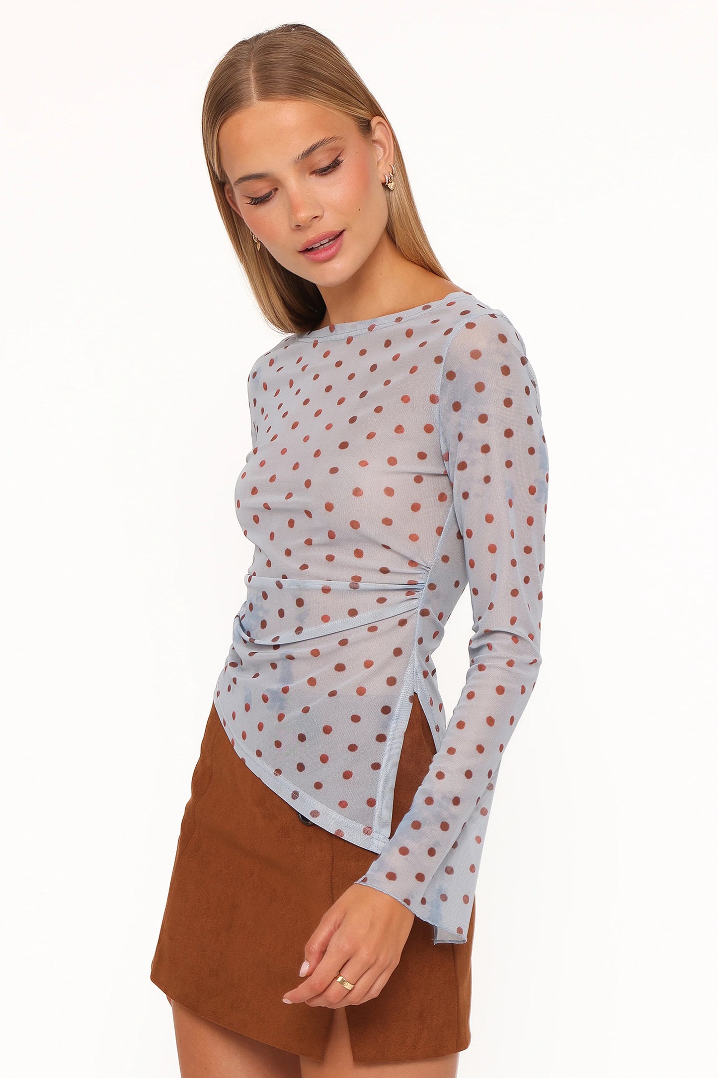 Annora Asymmetrical Mesh Top - Blue Dot