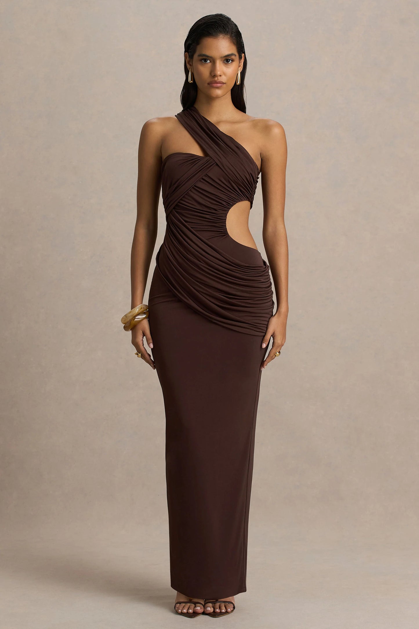 Serefine Brown Asymmetric-Neck Maxi Dress With Body Cut-Out