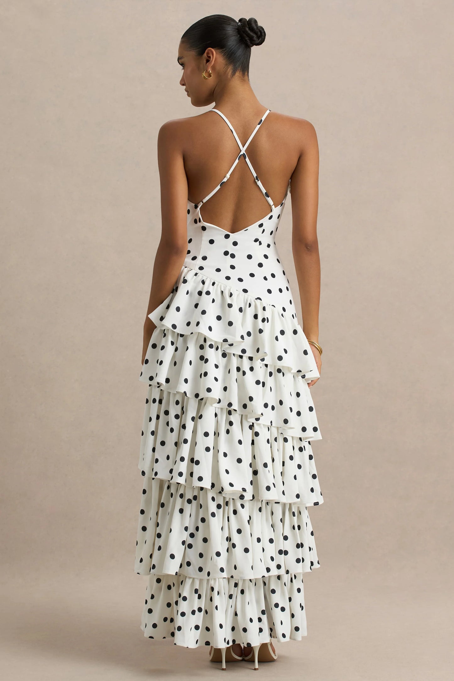 Bogota Polka Dot Plunge-Neck Maxi Dress With Ruffling Details And Front High Split