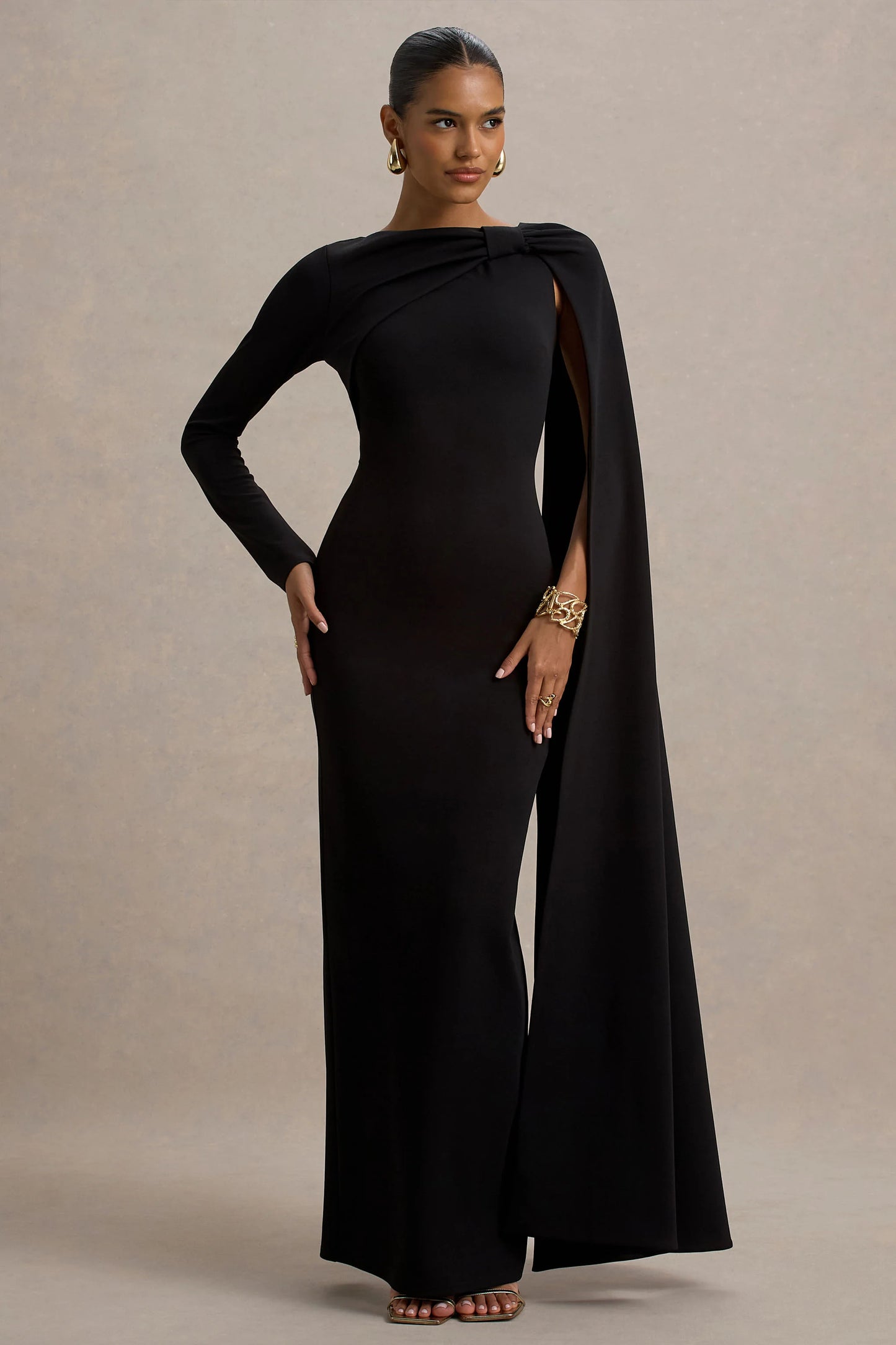 Frances Black High-Neck Maxi Dress With Cape Detail