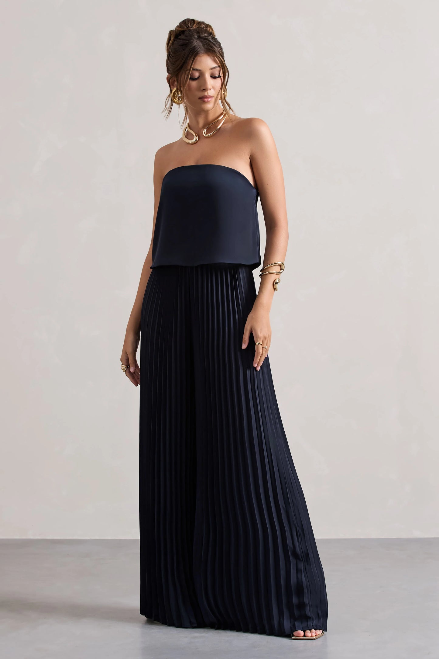 Tammi Navy Satin Strapless Plisse Wide-Leg Jumpsuit