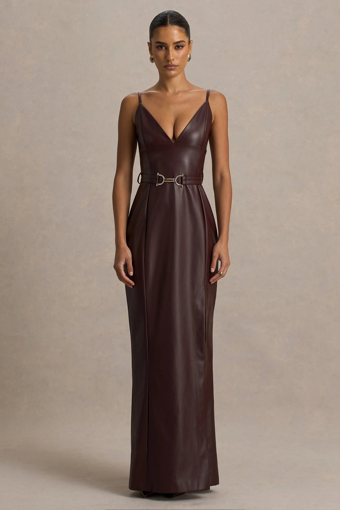 Lila Burgundy Faux Leather Plunge-Neck Maxi Dress With Split