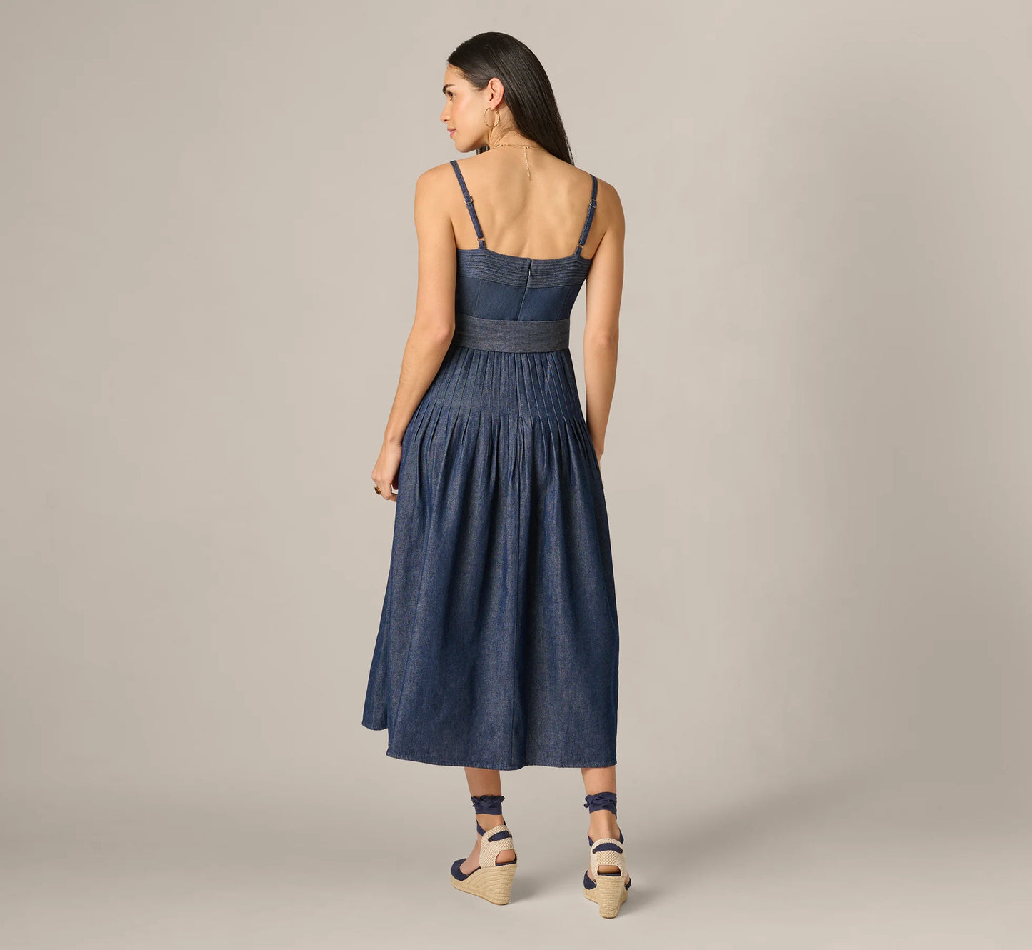Cotton Denim Drop Waist Belted Midi Dress In Dark Denim