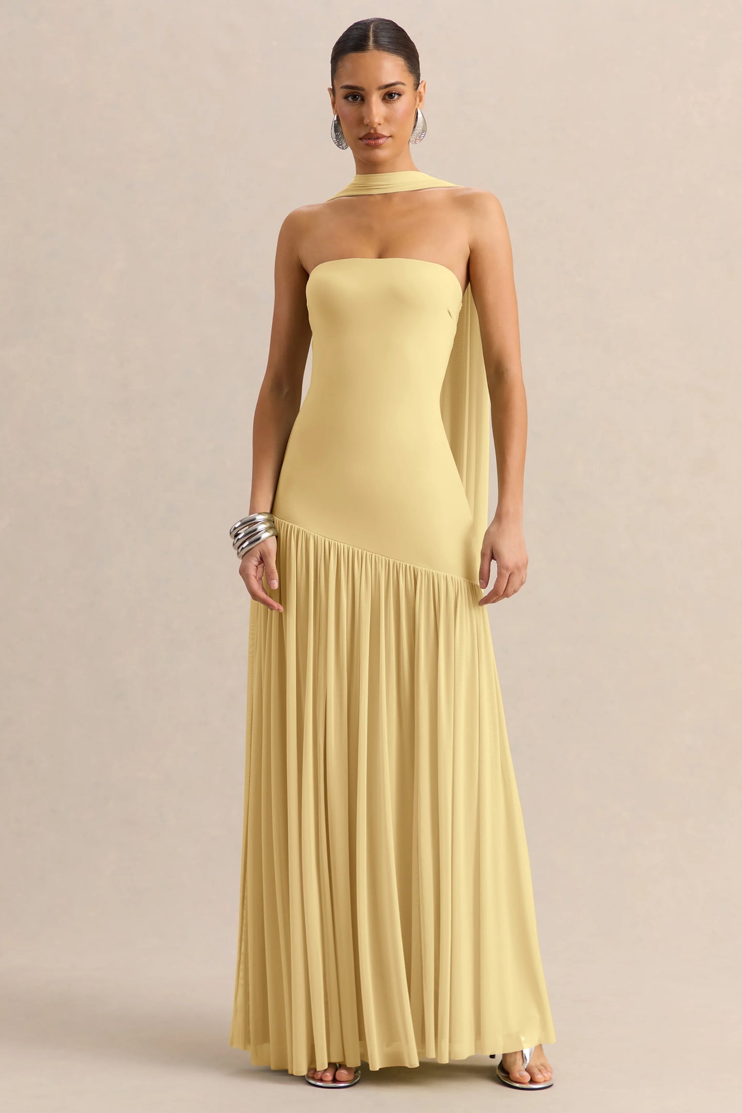 Bambi Lemon Bandeau-Neck Maxi Dress With Scarf-Detail