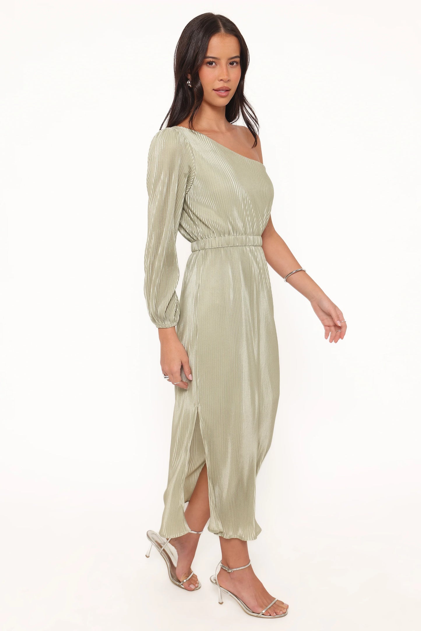 Pontee One Shoulder Pleated Midi Dress - Sage Green
