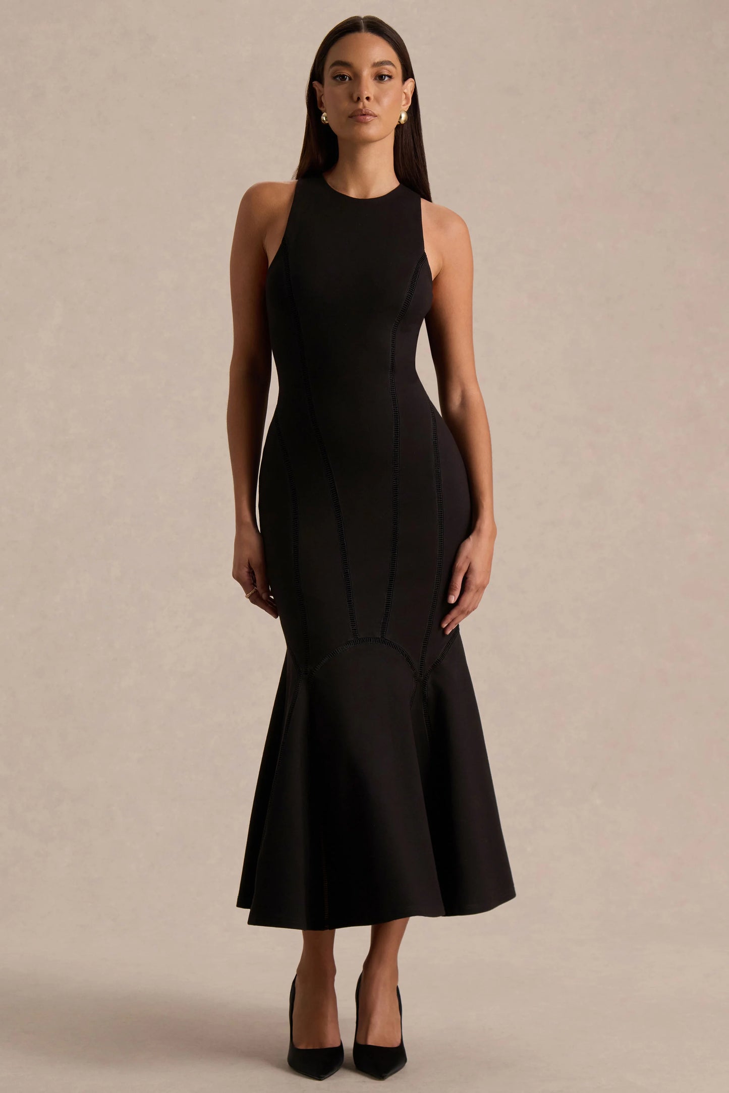 Sally Black Crew-Neck Midi Dress With Drop Waist And Pleated Detailing