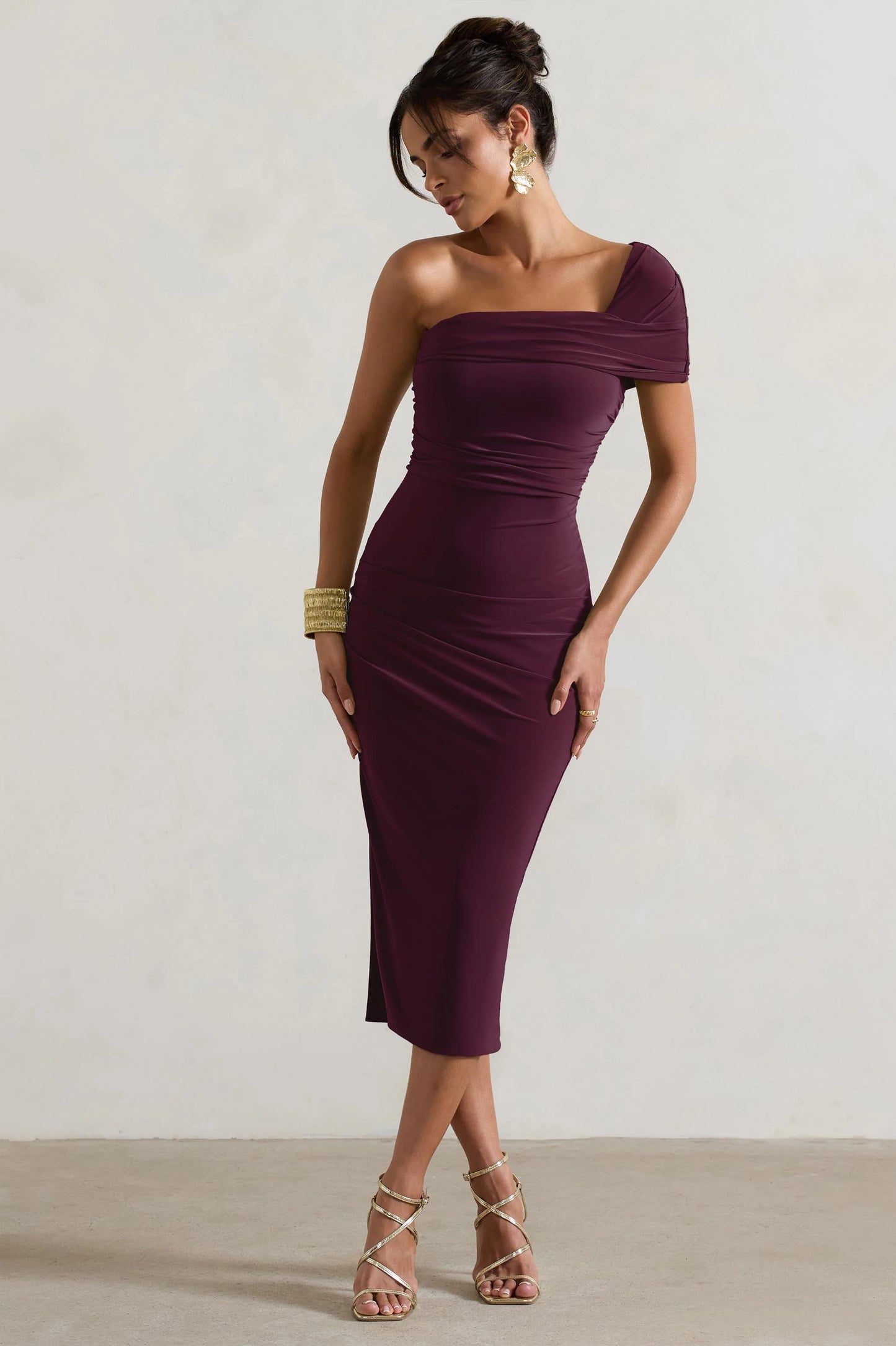 Hawaii Plum Asymmetric One-Shoulder Split Midi Dress