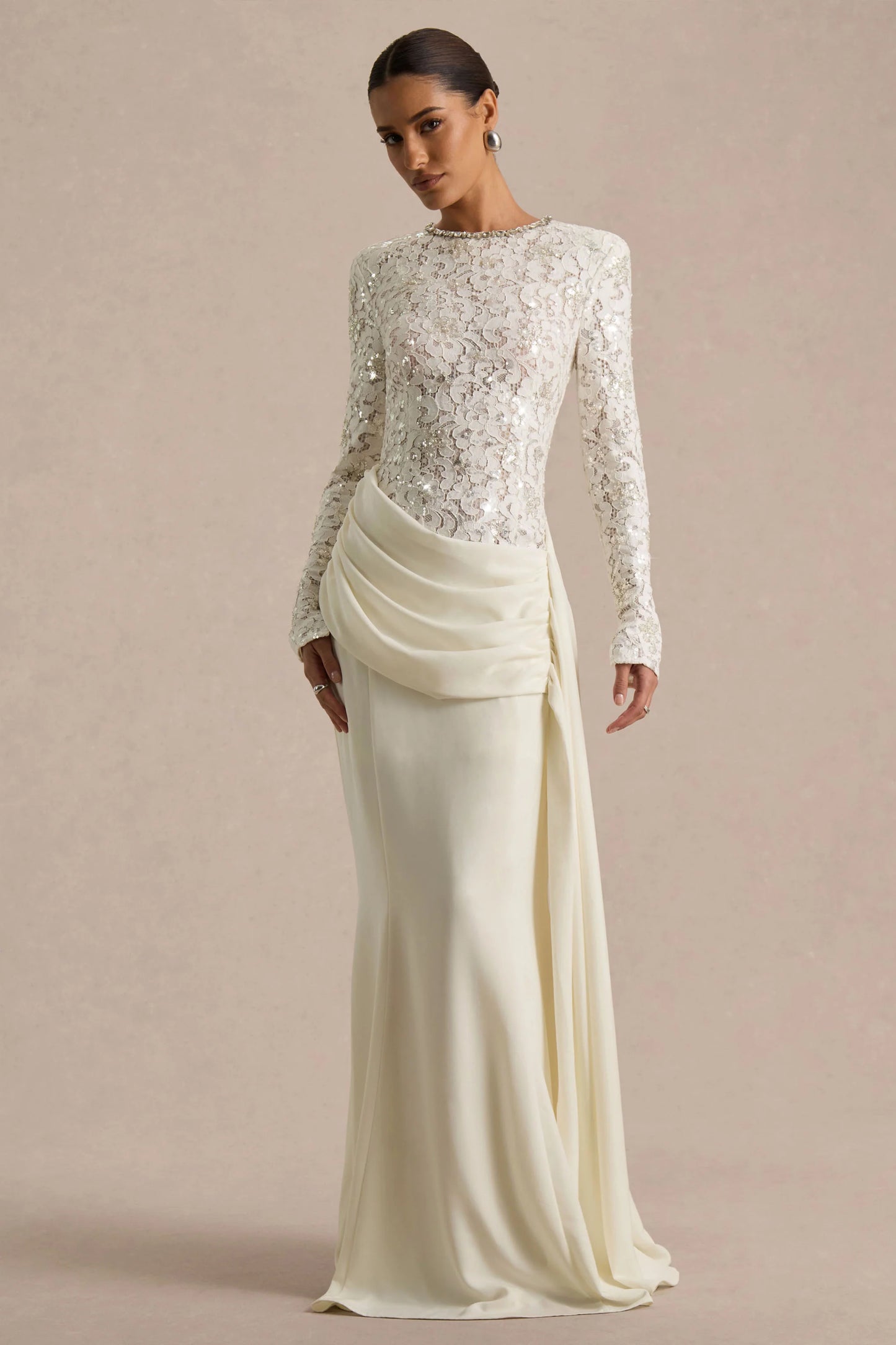 Beau Ecru Lace Embellished Crew-Neck Maxi Dress With Draped Detail