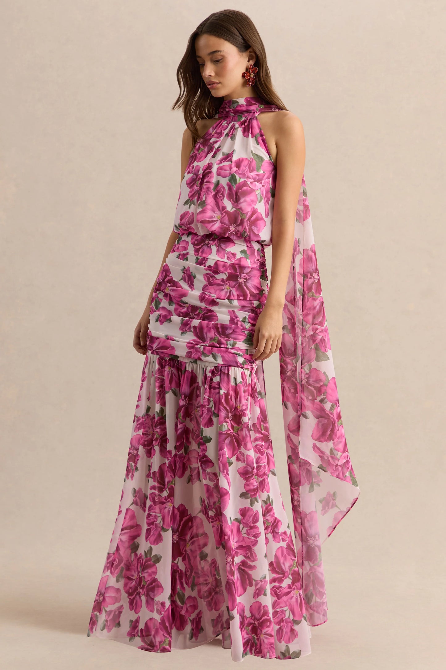 Veronique Pink Hibiscus Floral Halter-Neck Maxi Dress