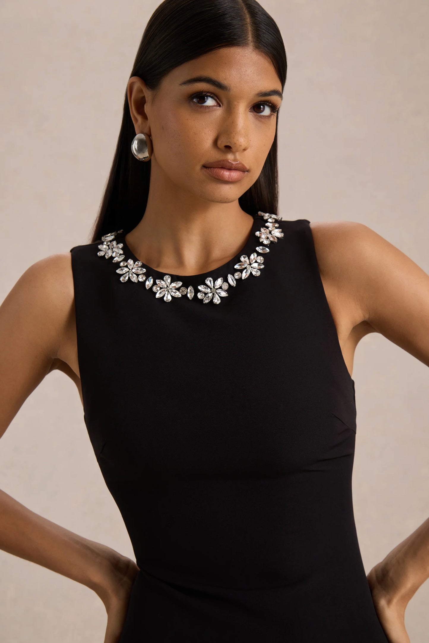 Nalani Black And White Crew-Neck Mini Dress With Embellishment And Ruffled Detailing