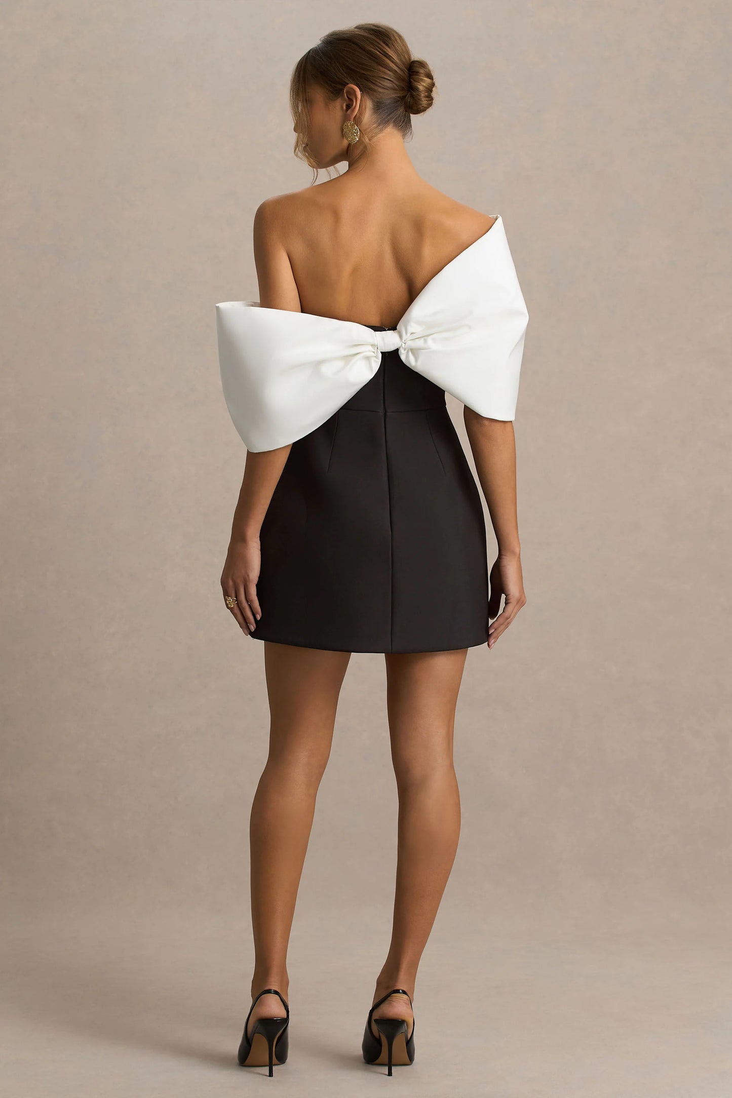 Tindra Black And White Satin Bandeau-Neck Mini Dress With Bow Sleeves