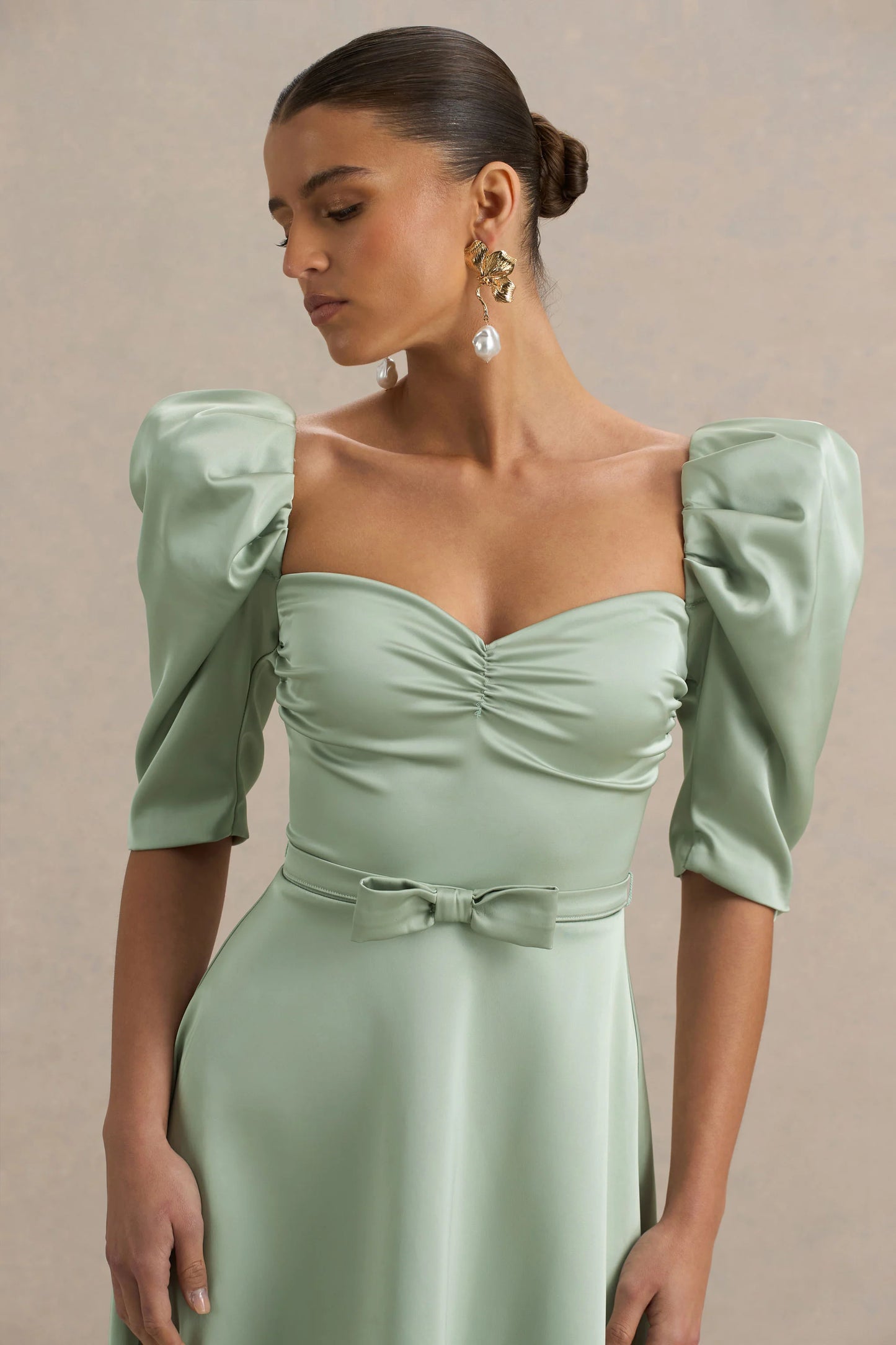 Rosey Green Satin Sweetheart Midi Dress