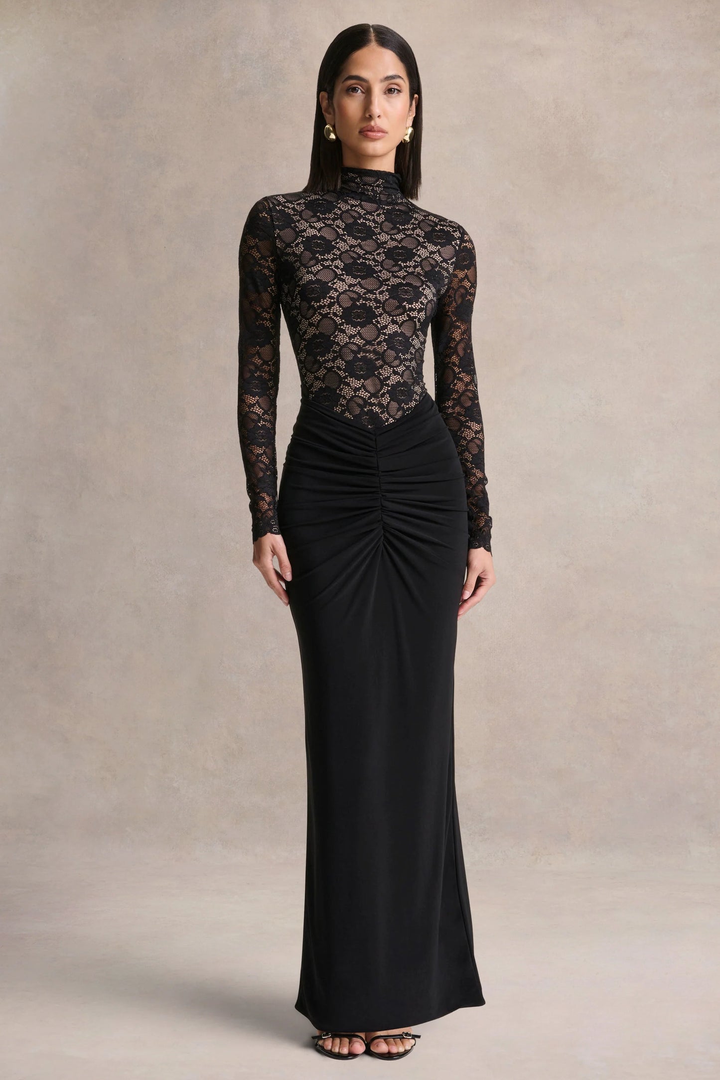 Justina Black High-Neck Maxi Dress With Gathered-Detailing