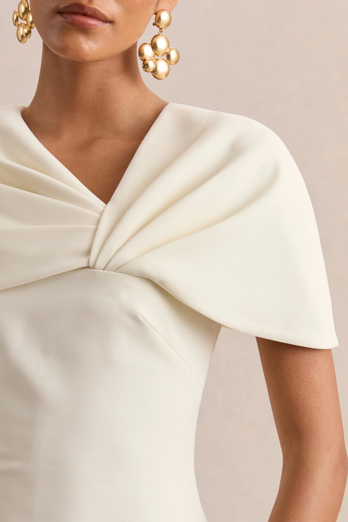 Novalie Cream V-Neck Midi Dress With Twist-Detail