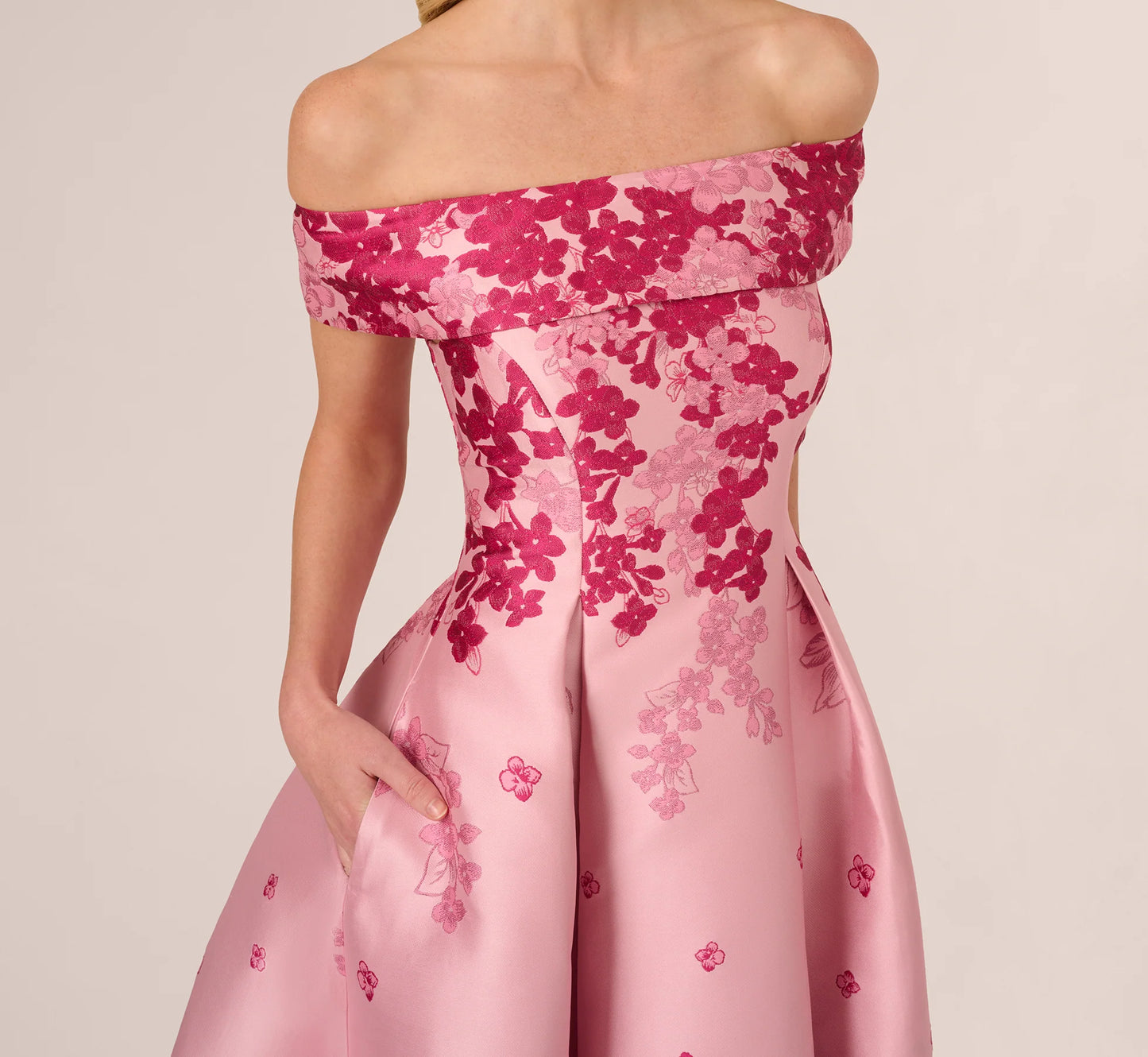 Floral Jacquard Ankle Length Dress With Off The Shoulder Neckline In Pink Multi