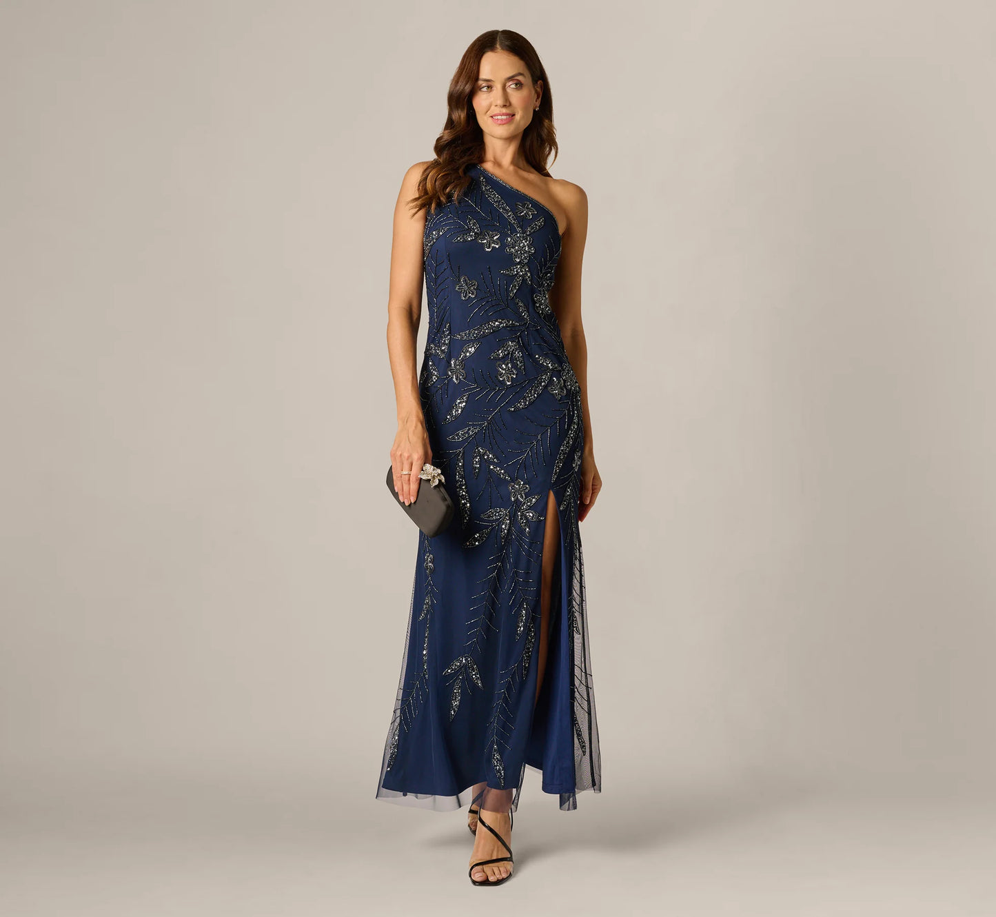One Shoulder Floral Sequin Bead Gown In Light Navy
