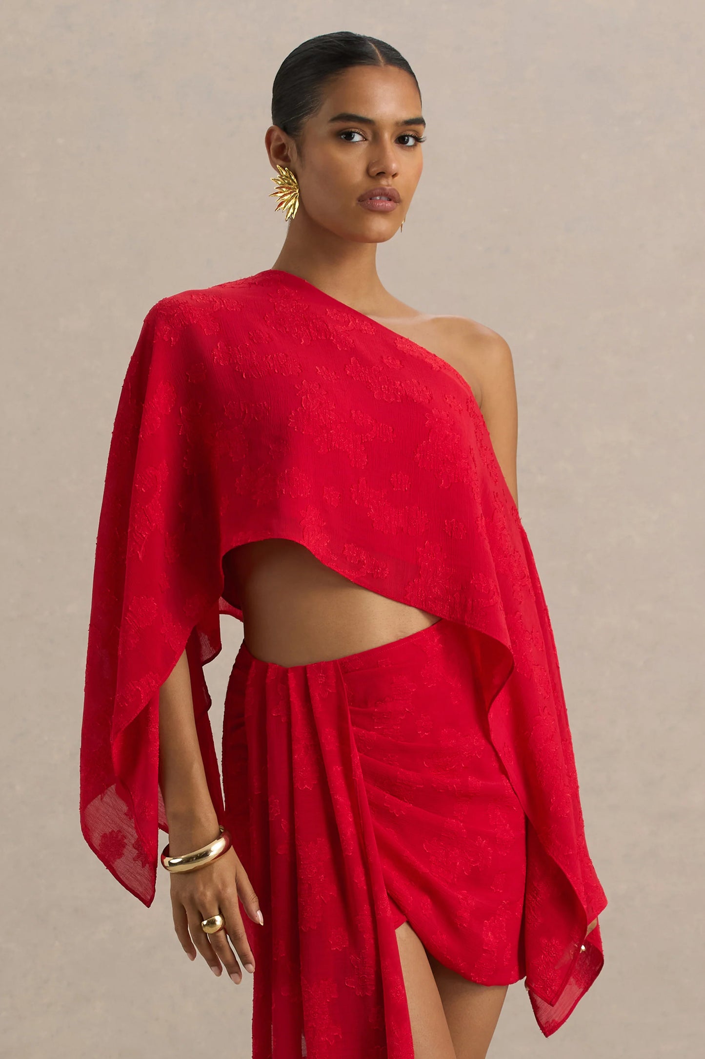 Aruba Red Satin Devore Asymmetric Long-Sleeve Crop Top