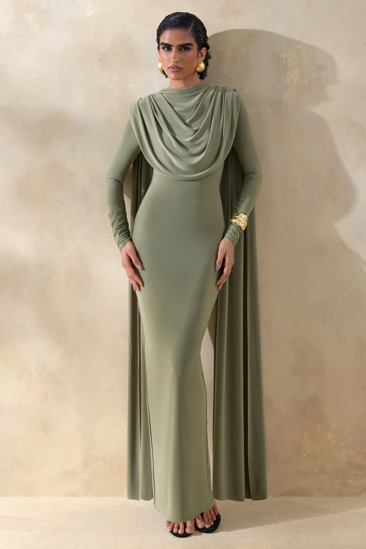 Lysoria Olive High-Neck Maxi Dress With Draped-Detailing And Cape-Sleeves