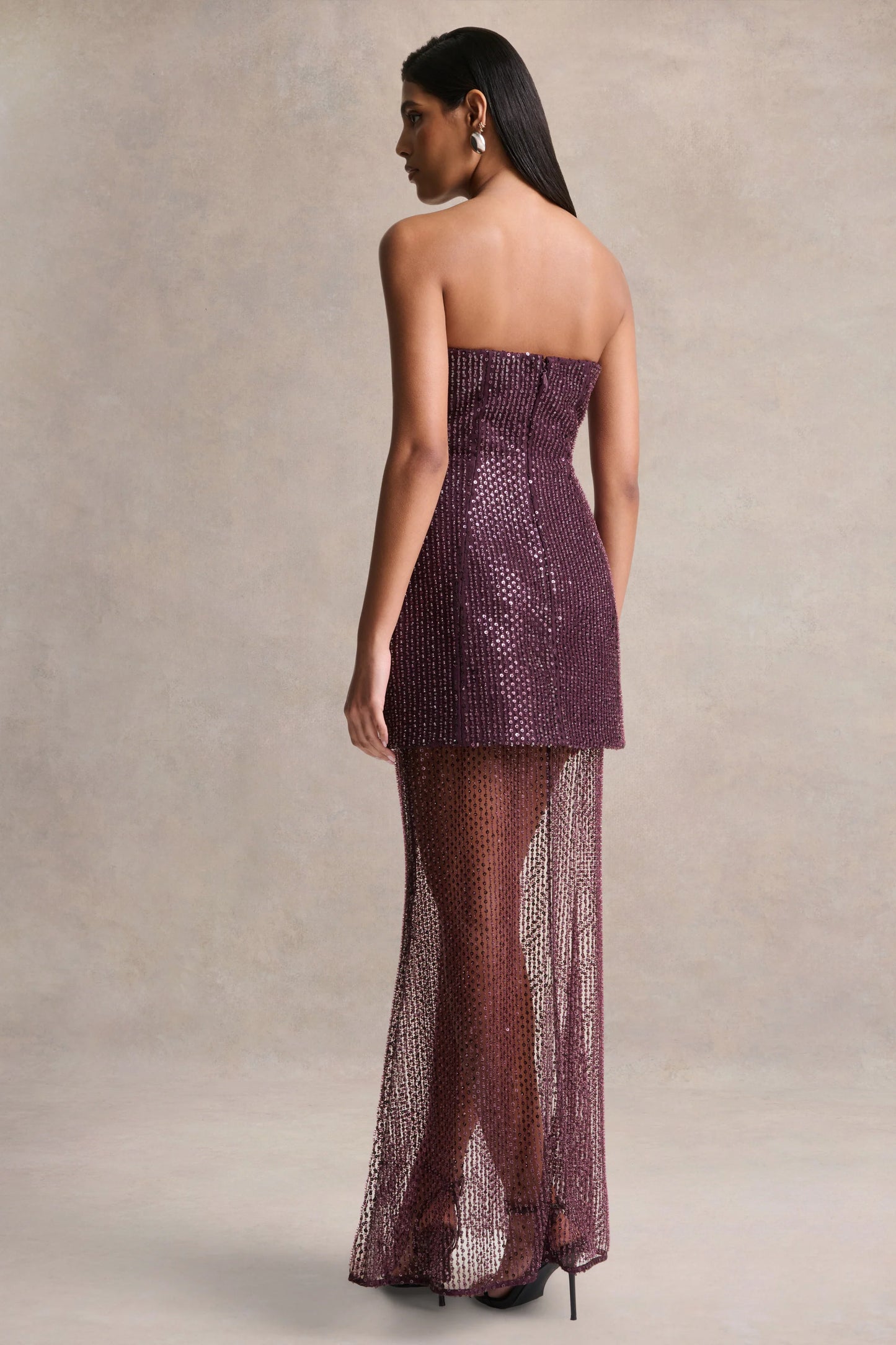 Luciana Purple Sequin Embellished Bandeau Maxi Dress