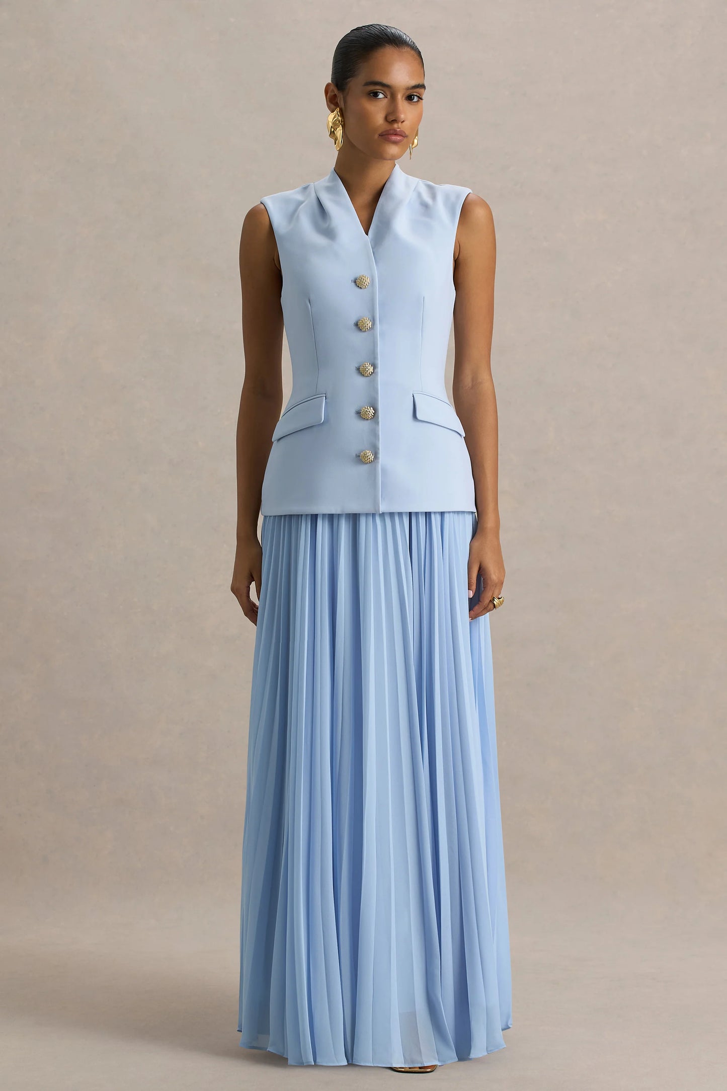 Heavenly Powder Blue High Neck Maxi Dress With Pleated Detailing
