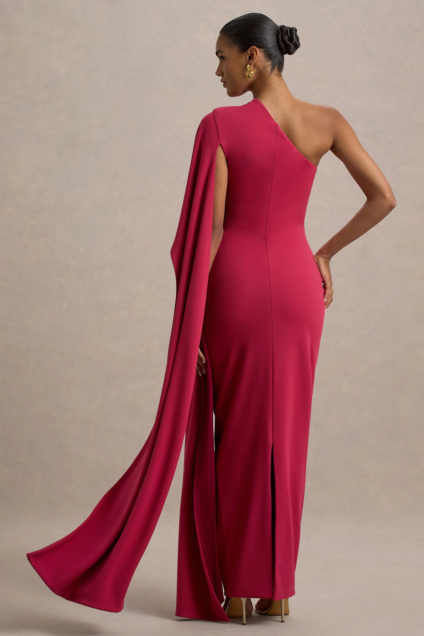 Lily Hot Pink & Burgundy Asymmetric Maxi Dress With Cape Sleeve